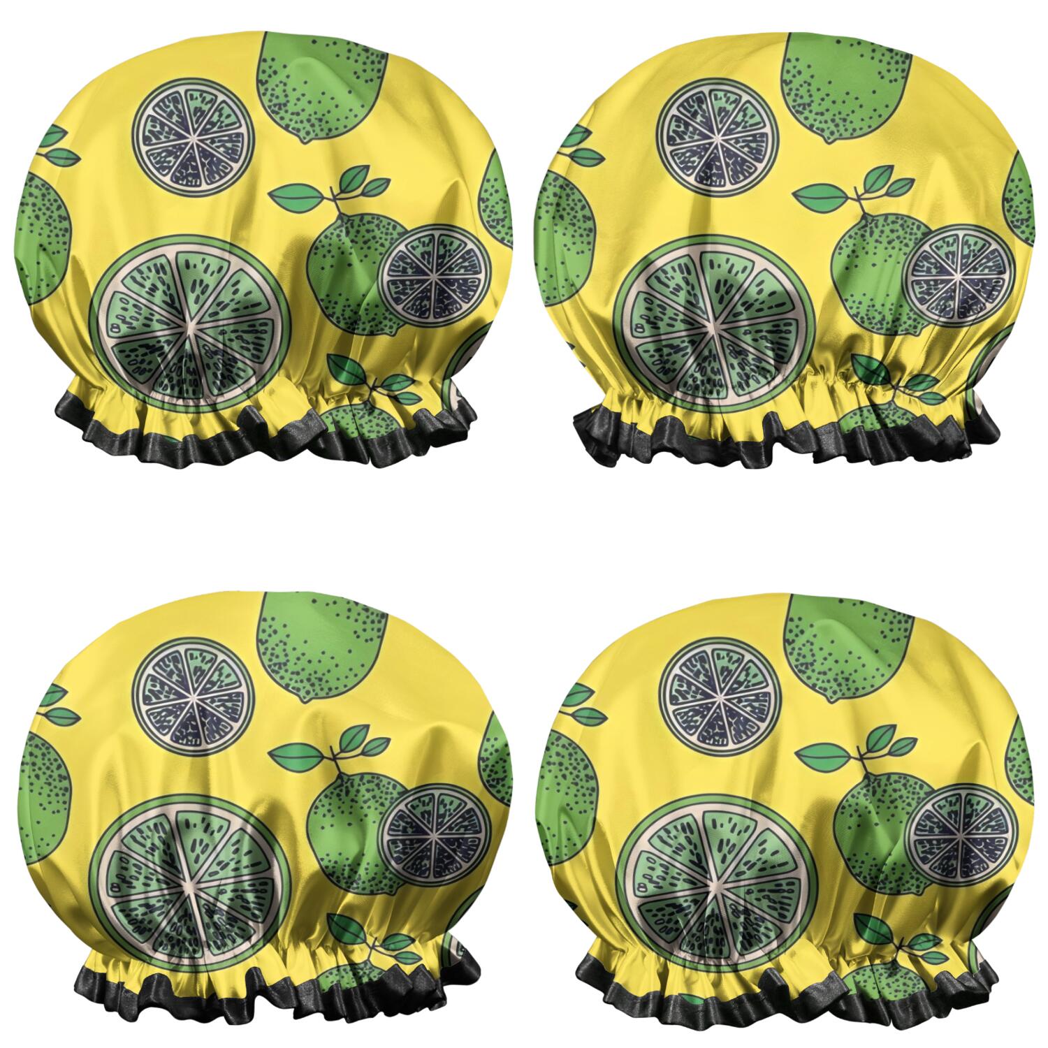 Shower Caps,Green Lime Slices Yellow Pattern Waterproof Shower Cap for Women 4 Pieces,Double Reusable Hair Cover for Shower PEVA Elastic Stretch Hem