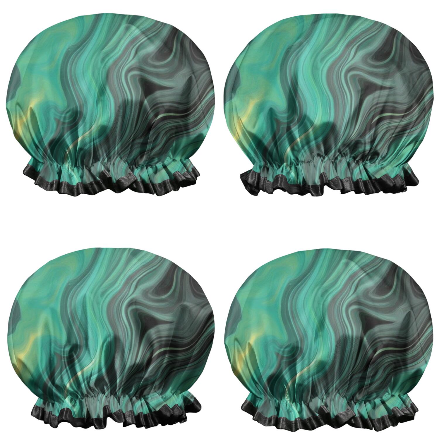 Shower Caps,Green Marble Color Flow Pattern Waterproof Shower Cap for Women 4 Pieces,Double Reusable Hair Cover for Shower PEVA Elastic Stretch Hem