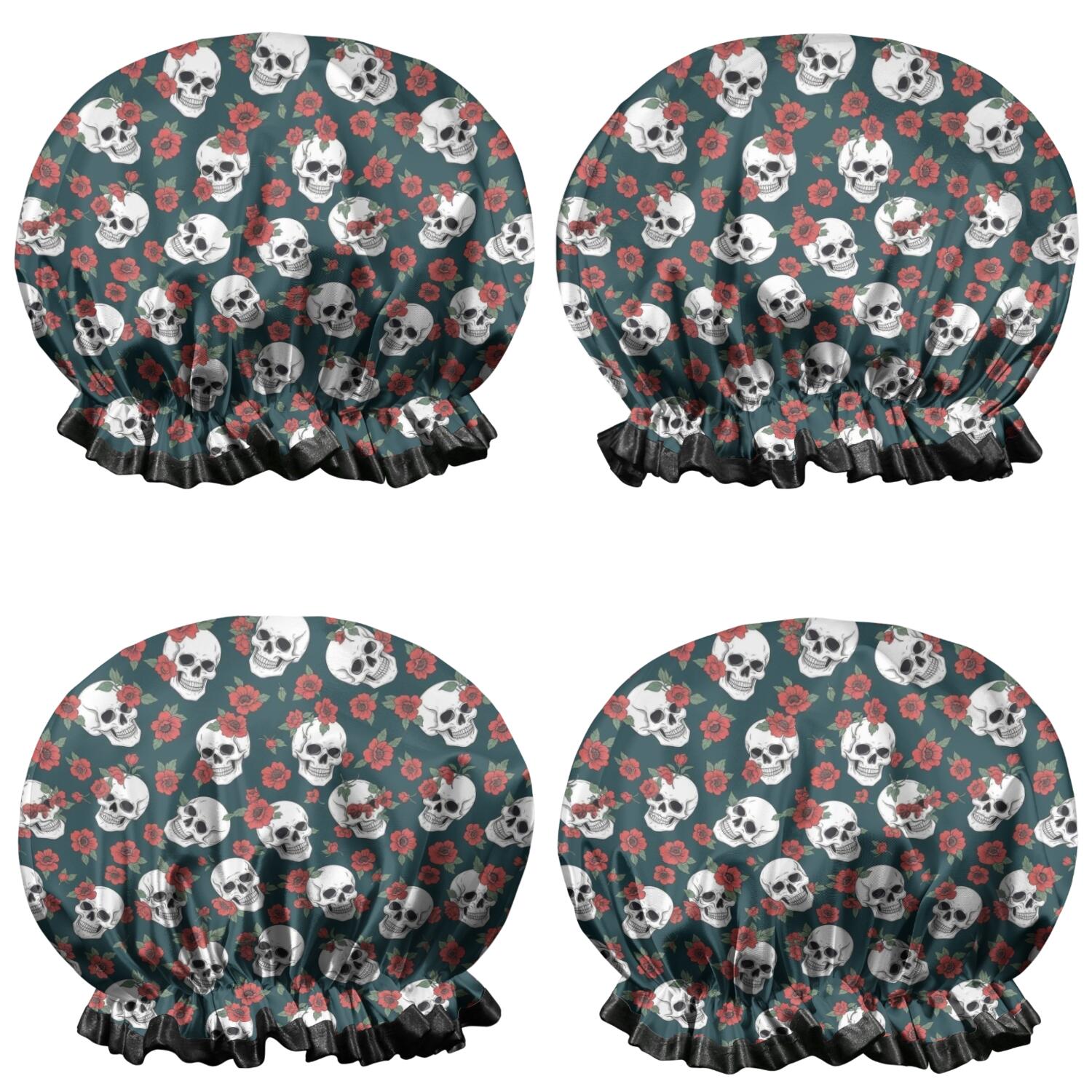 Shower Caps,Green Skull Rose Pattern Waterproof Shower Cap for Women 4 Pieces,Double Reusable Hair Cover for Shower PEVA Elastic Stretch Hem