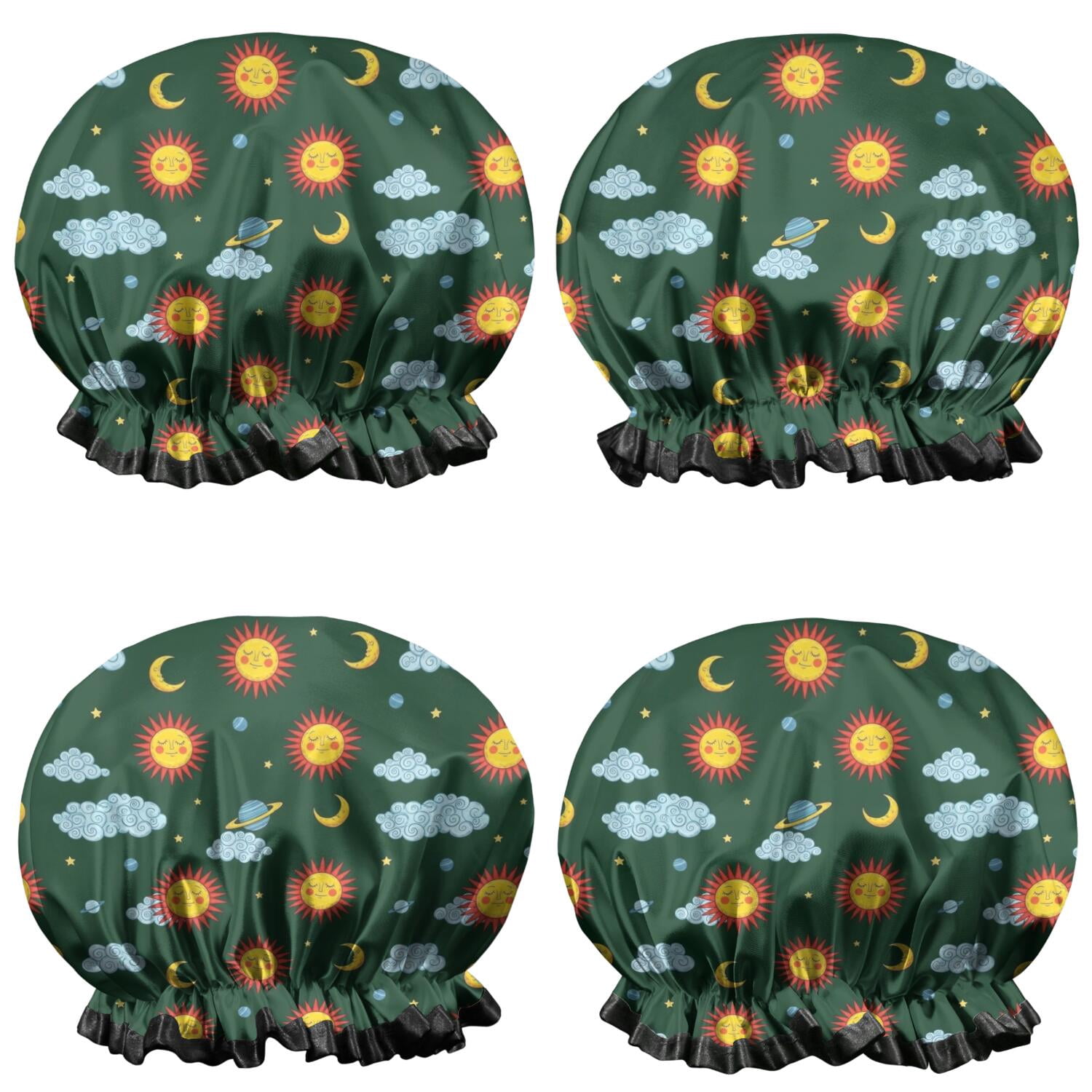 Shower Caps,Green Sun Moon Cloud Planet Pattern Waterproof Shower Cap for Women 4 Pieces,Double Reusable Hair Cover for Shower PEVA Elastic Stretch Hem