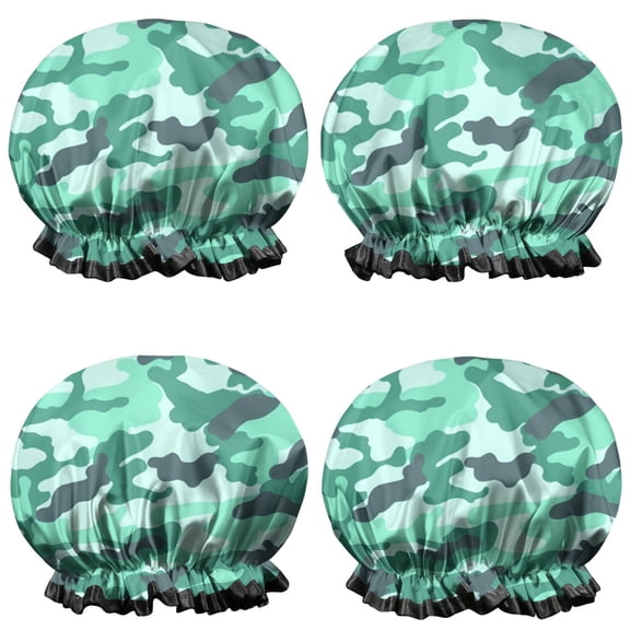 Shower Caps,Green Teal Camo Classic Shapes Pattern Waterproof Shower Cap for Women 4 Pieces,Double Reusable Hair Cover for Shower PEVA Elastic Stretch Hem