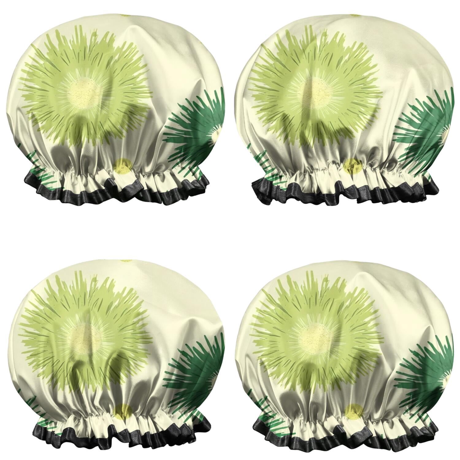 Shower Caps,Green Yellow Dandelion Pattern Waterproof Shower Cap for Women 4 Pieces,Double Reusable Hair Cover for Shower PEVA Elastic Stretch Hem