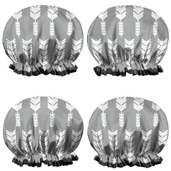 Shower Caps,Grey and White Arrow Feather Pattern Waterproof Shower Cap for Women 4 Pieces,Double Reusable Hair Cover for Shower PEVA Elastic Stretch Hem