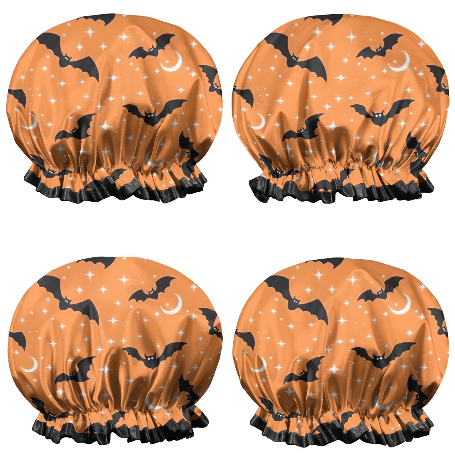 Shower Caps,Halloween Bats with Moons and Stars Waterproof Shower Cap for Women 4 Pieces,Double Reusable Hair Cover for Shower PEVA Elastic Stretch Hem