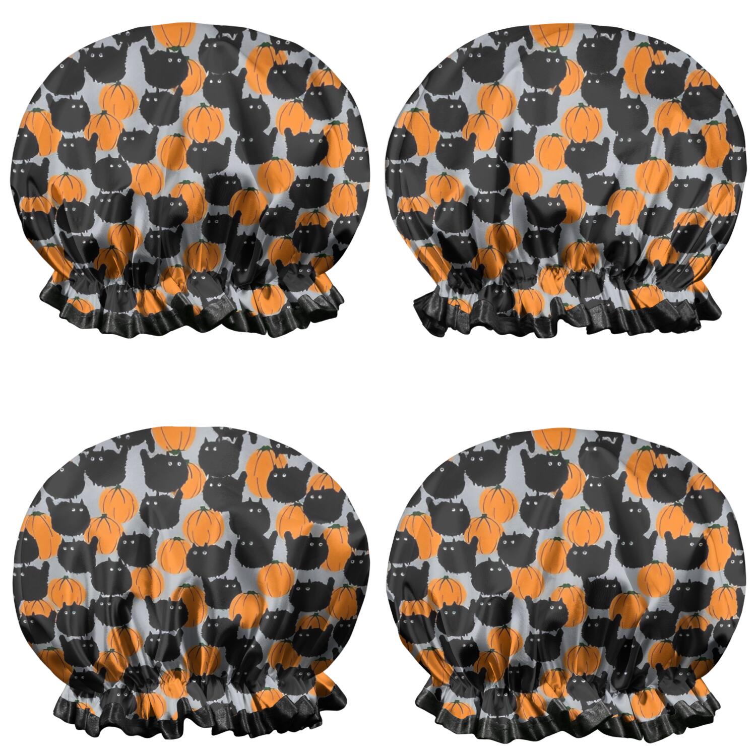 Shower Caps,Halloween Black Cat Pumpkin Pattern Waterproof Shower Cap for Women 4 Pieces,Double Reusable Hair Cover for Shower PEVA Elastic Stretch Hem