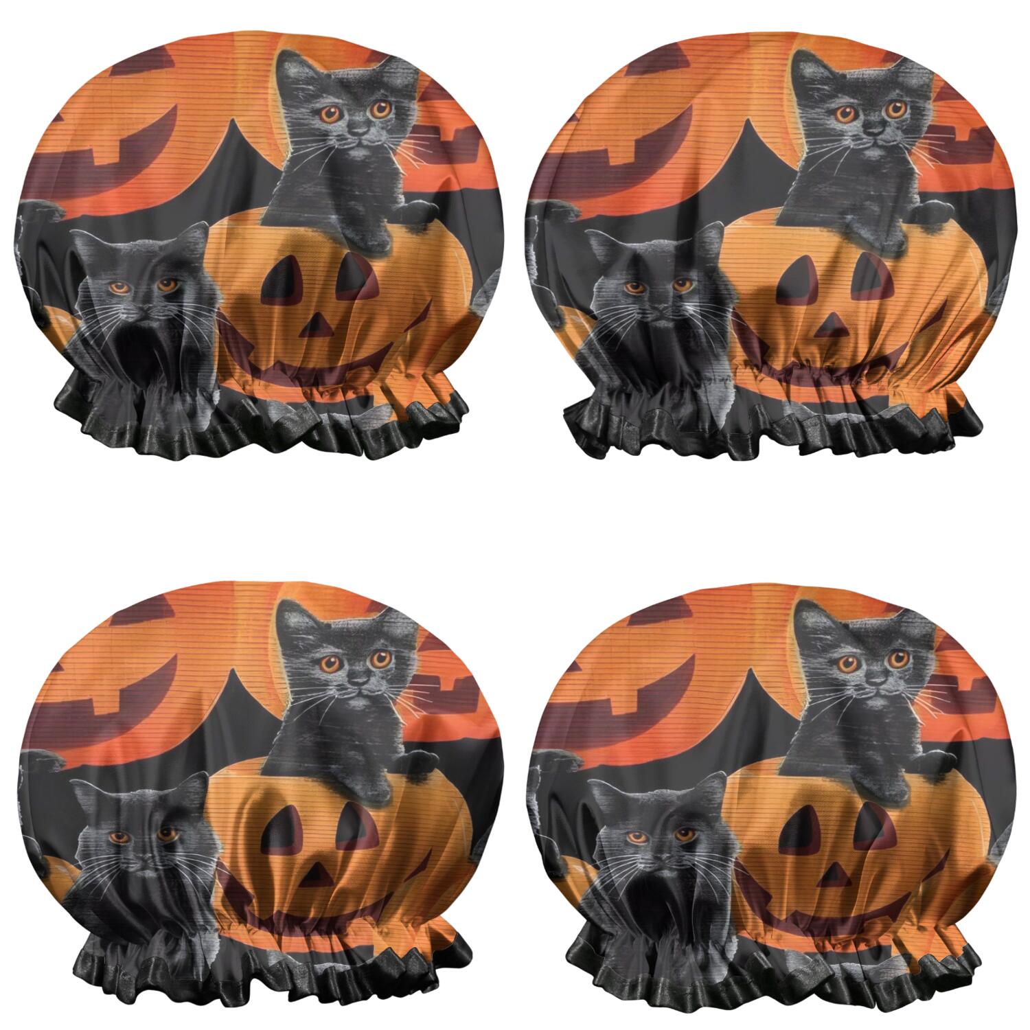 Shower Caps,Halloween Black Cats and Pumpkins Pattern Waterproof Shower Cap for Women 4 Pieces,Double Reusable Hair Cover for Shower PEVA Elastic Stretch Hem