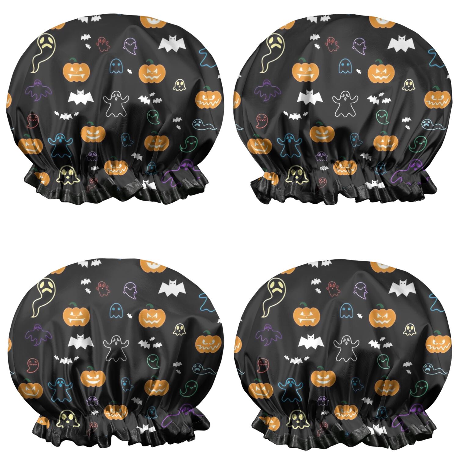 Shower Caps,Halloween Black Colorful Ghosts and Pumpkins Waterproof Shower Cap for Women 4 Pieces,Double Reusable Hair Cover for Shower PEVA Elastic Stretch Hem