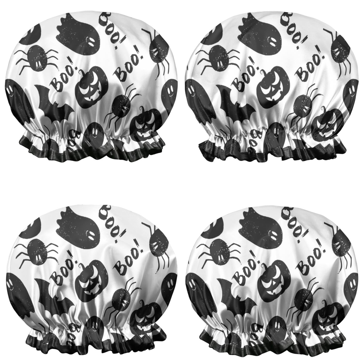 Shower Caps,Halloween Black Ghosts Bats and Pumpkins Waterproof Shower Cap for Women 4 Pieces,Double Reusable Hair Cover for Shower PEVA Elastic Stretch Hem