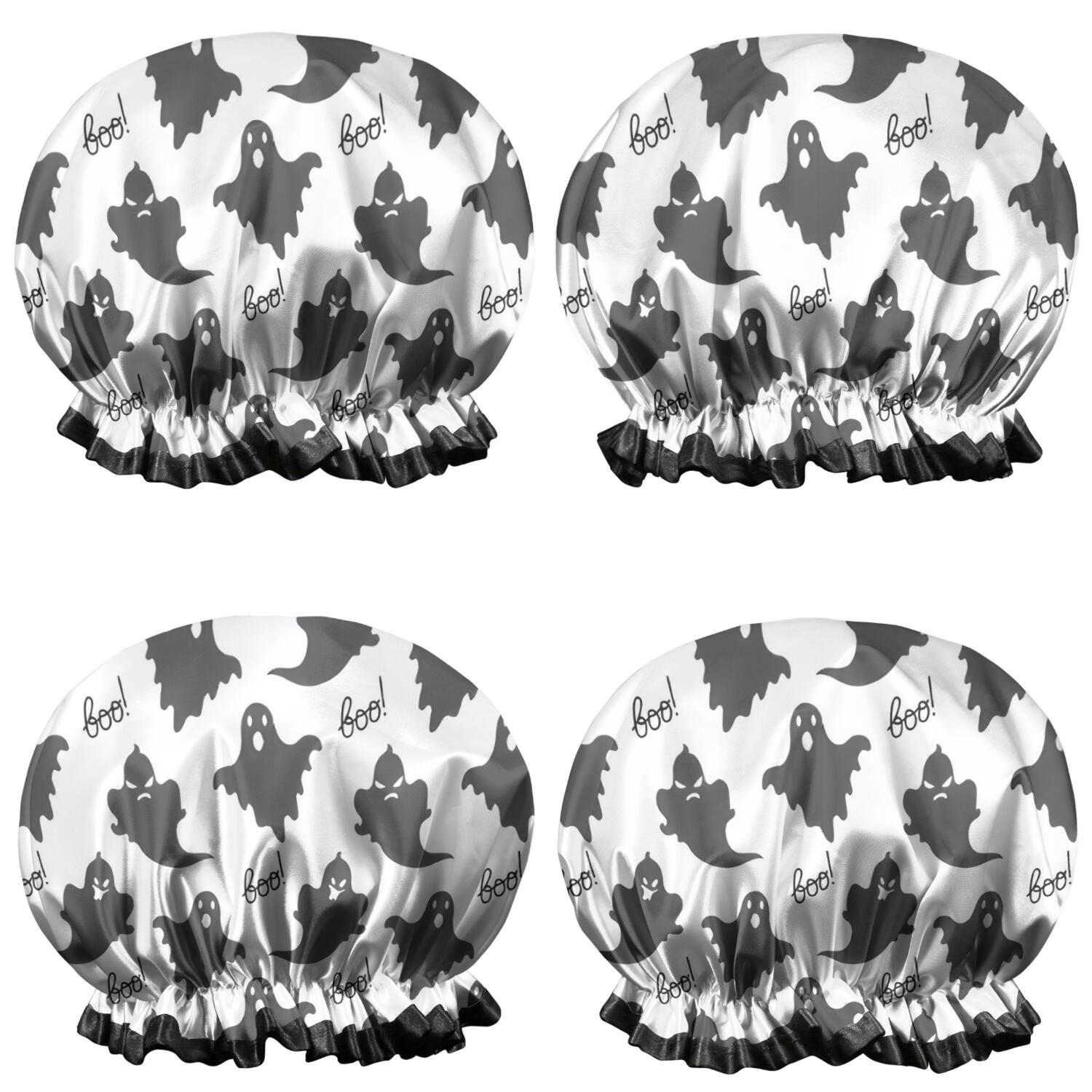 Shower Caps,Halloween Black Ghosts with Boo Waterproof Shower Cap for Women 4 Pieces,Double Reusable Hair Cover for Shower PEVA Elastic Stretch Hem