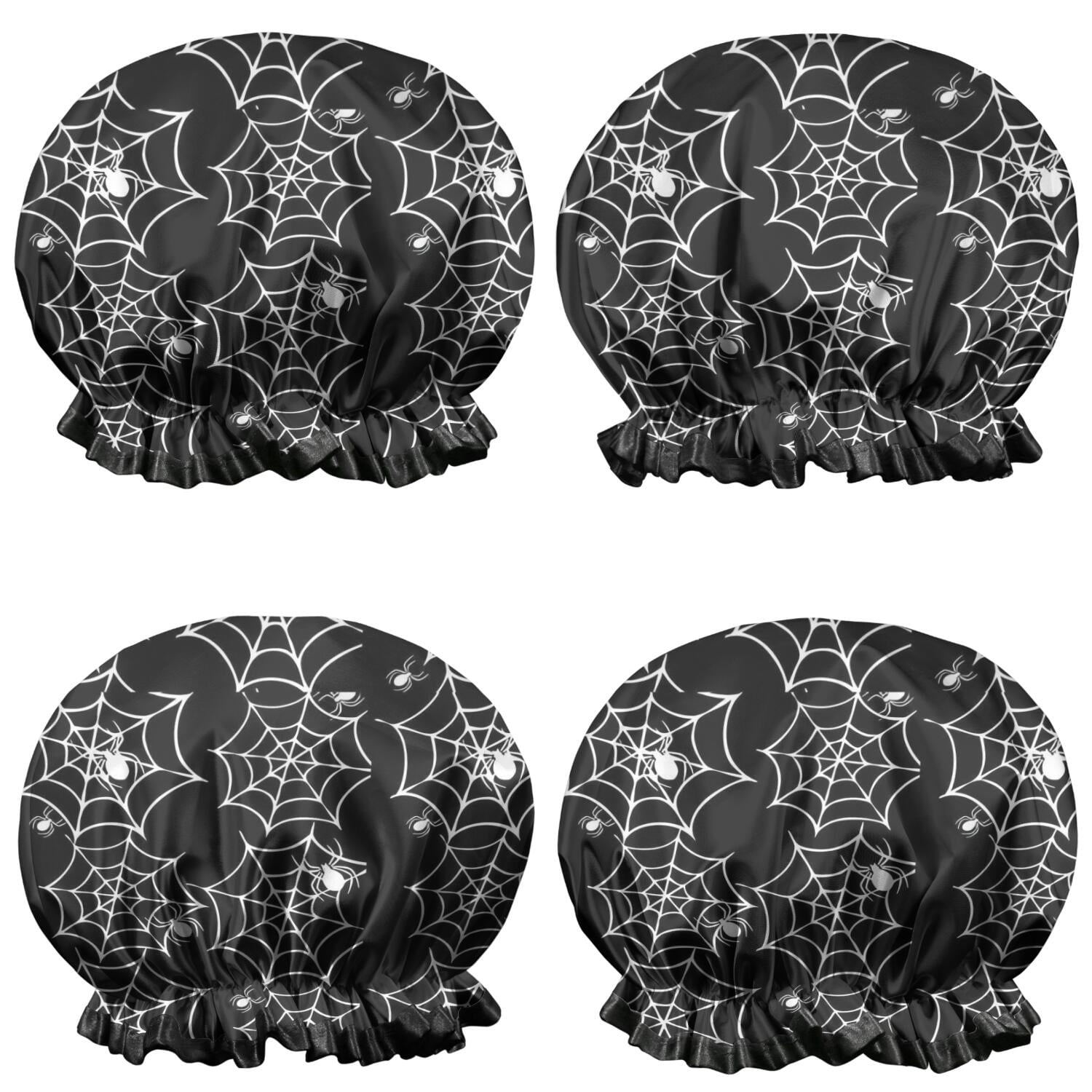 Shower Caps,Halloween Black and White Spider Webs and Spiders Waterproof Shower Cap for Women 4 Pieces,Double Reusable Hair Cover for Shower PEVA Elastic Stretch Hem