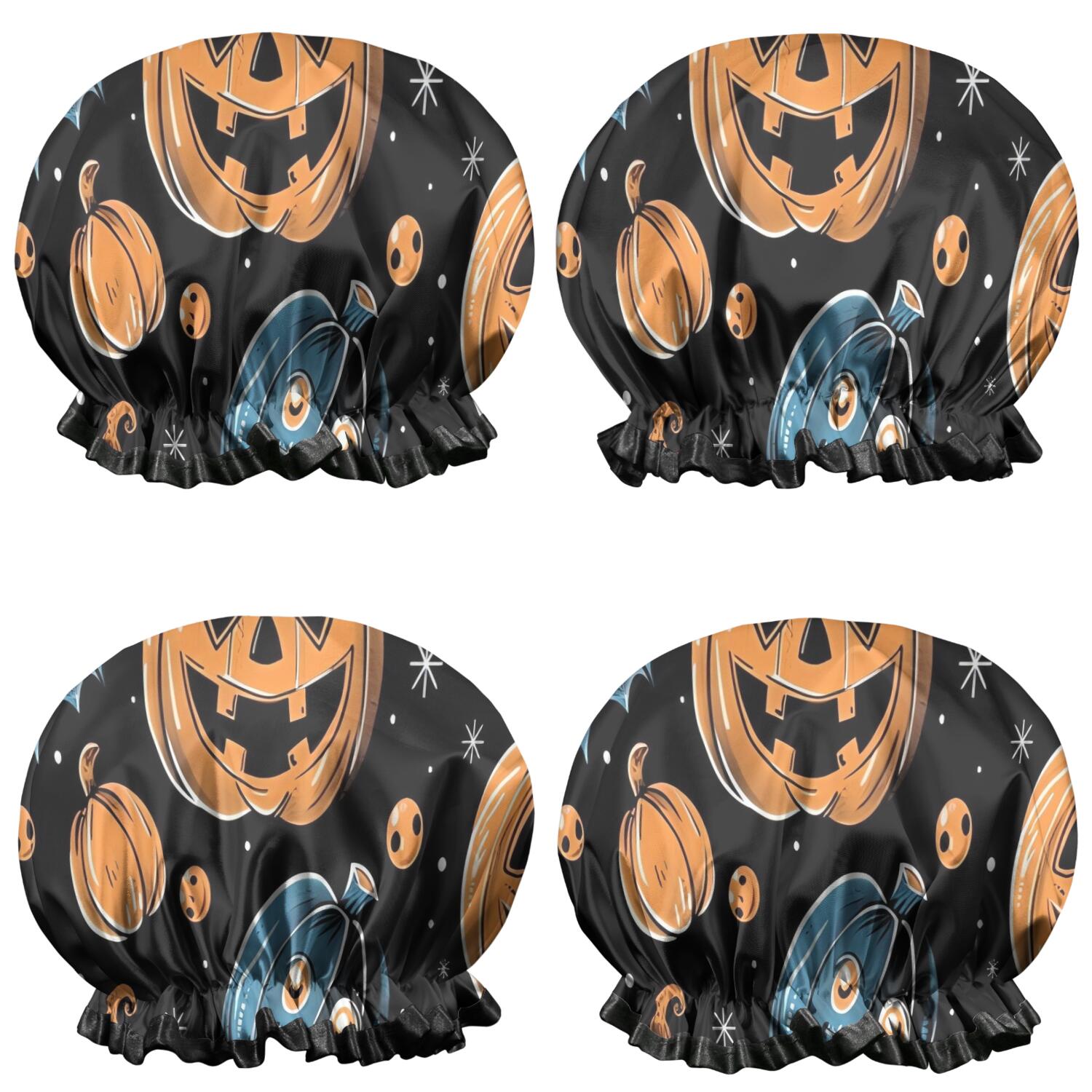Shower Caps,Halloween Pumpkin Skull Pattern Waterproof Shower Cap for Women 4 Pieces,Double Reusable Hair Cover for Shower PEVA Elastic Stretch Hem
