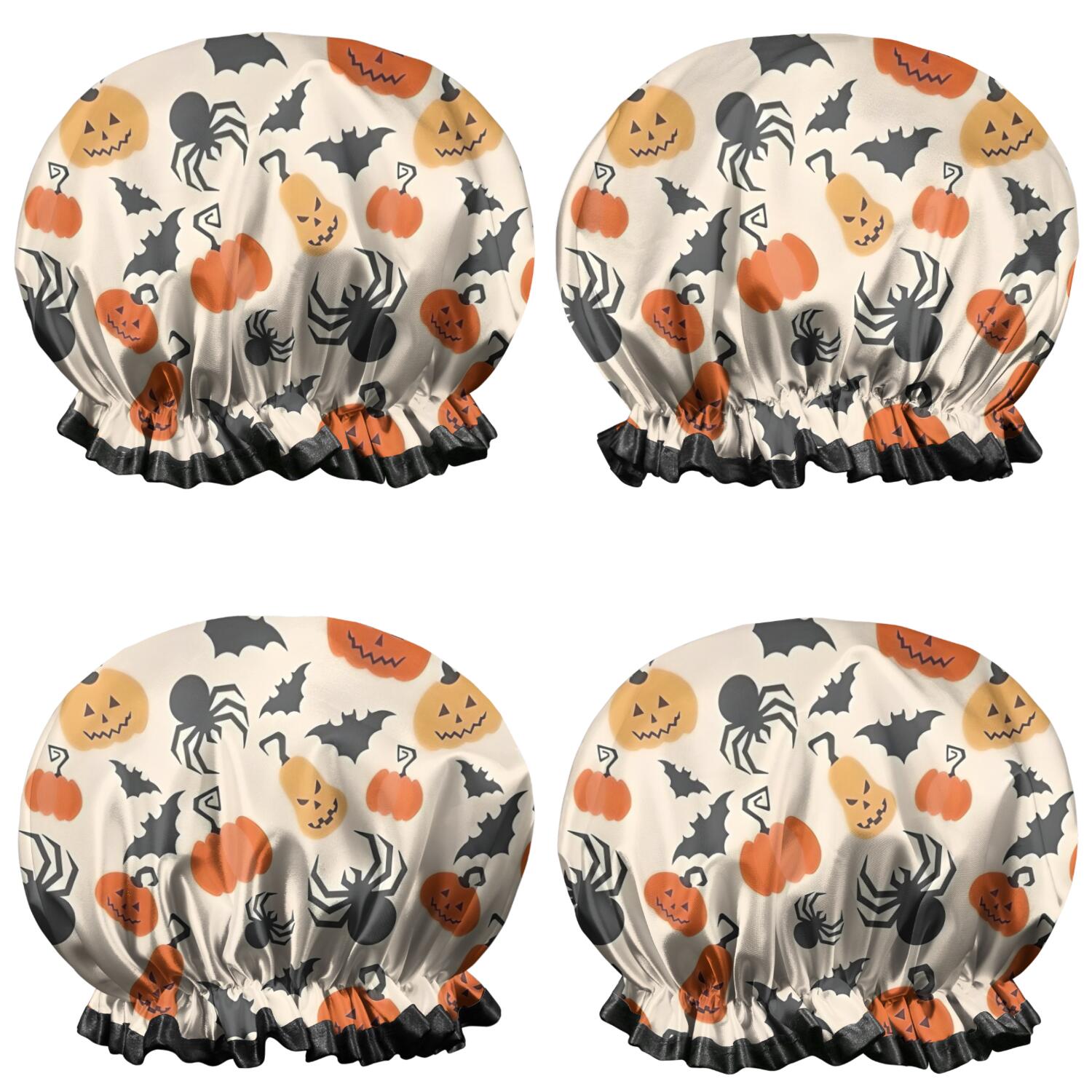 Shower Caps,Halloween Pumpkin Spider Pattern Waterproof Shower Cap for Women 4 Pieces,Double Reusable Hair Cover for Shower PEVA Elastic Stretch Hem