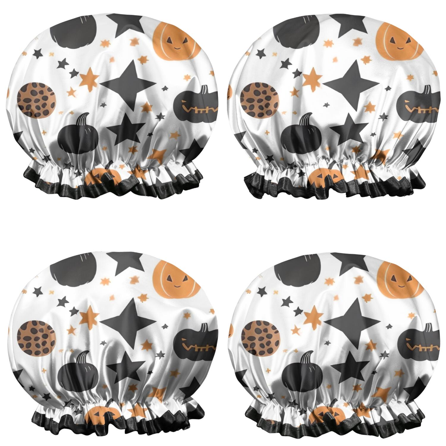 Shower Caps,Halloween Pumpkin Star Pattern Waterproof Shower Cap for Women 4 Pieces,Double Reusable Hair Cover for Shower PEVA Elastic Stretch Hem