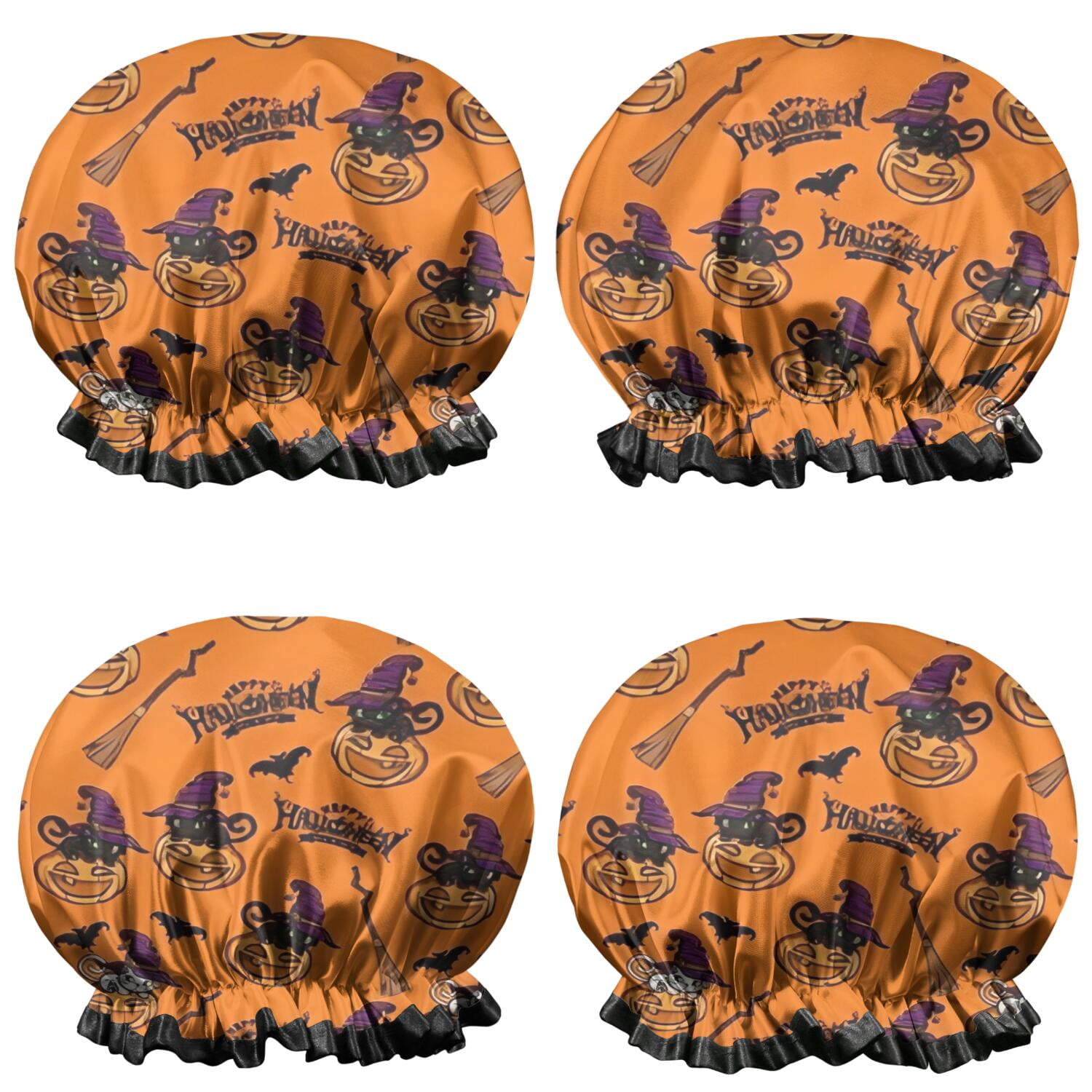 Shower Caps,Halloween Pumpkin Witches Pattern Waterproof Shower Cap for Women 4 Pieces,Double Reusable Hair Cover for Shower PEVA Elastic Stretch Hem