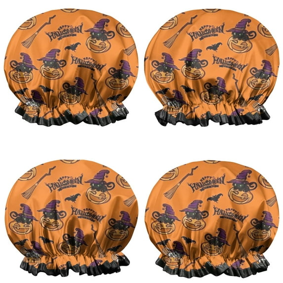 Shower Caps,Halloween Pumpkin Witches Pattern Waterproof Shower Cap for Women 4 Pieces,Double Reusable Hair Cover for Shower PEVA Elastic Stretch Hem