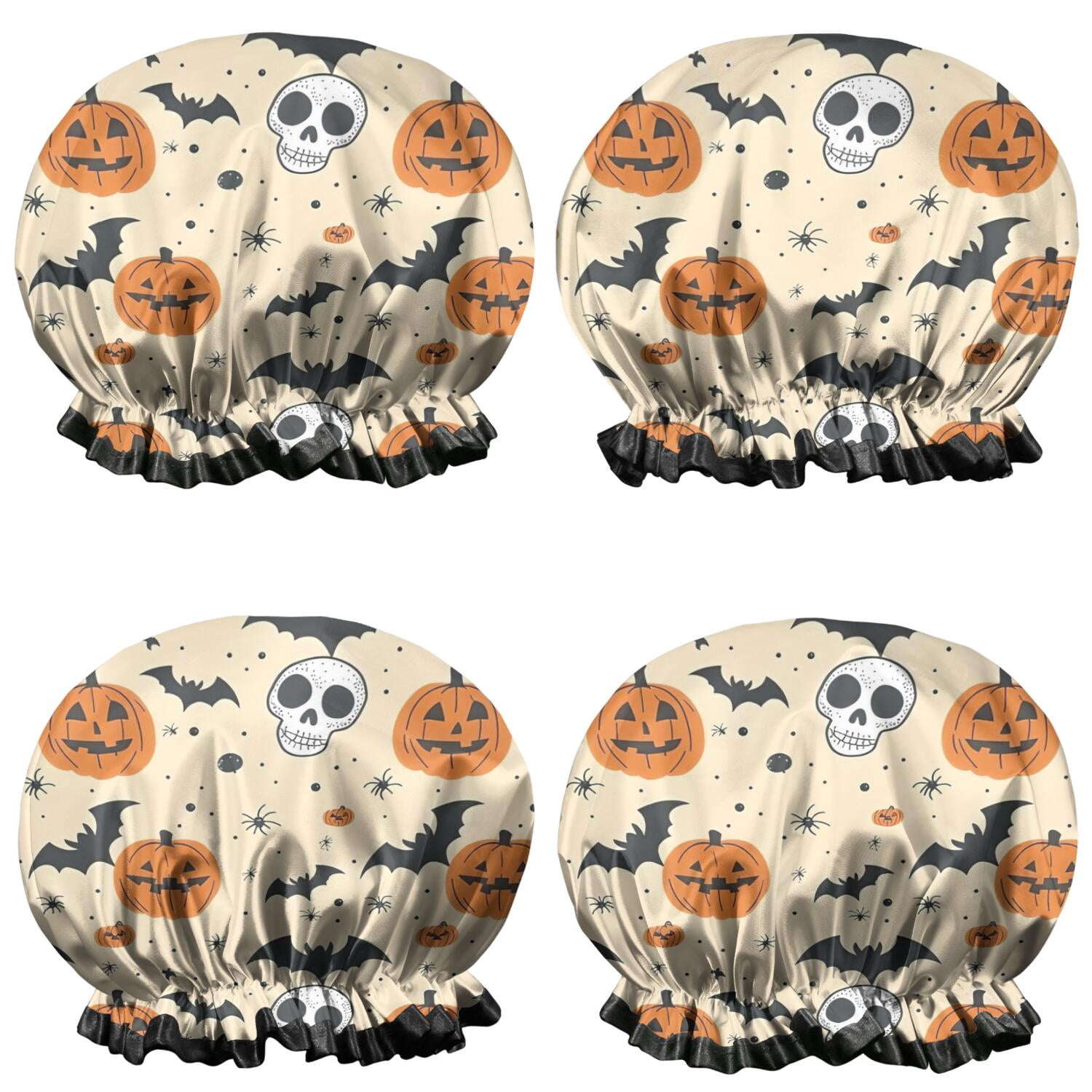 Shower Caps,Halloween Pumpkins Bats Skulls and Spiders Waterproof Shower Cap for Women 4 Pieces,Double Reusable Hair Cover for Shower PEVA Elastic Stretch Hem