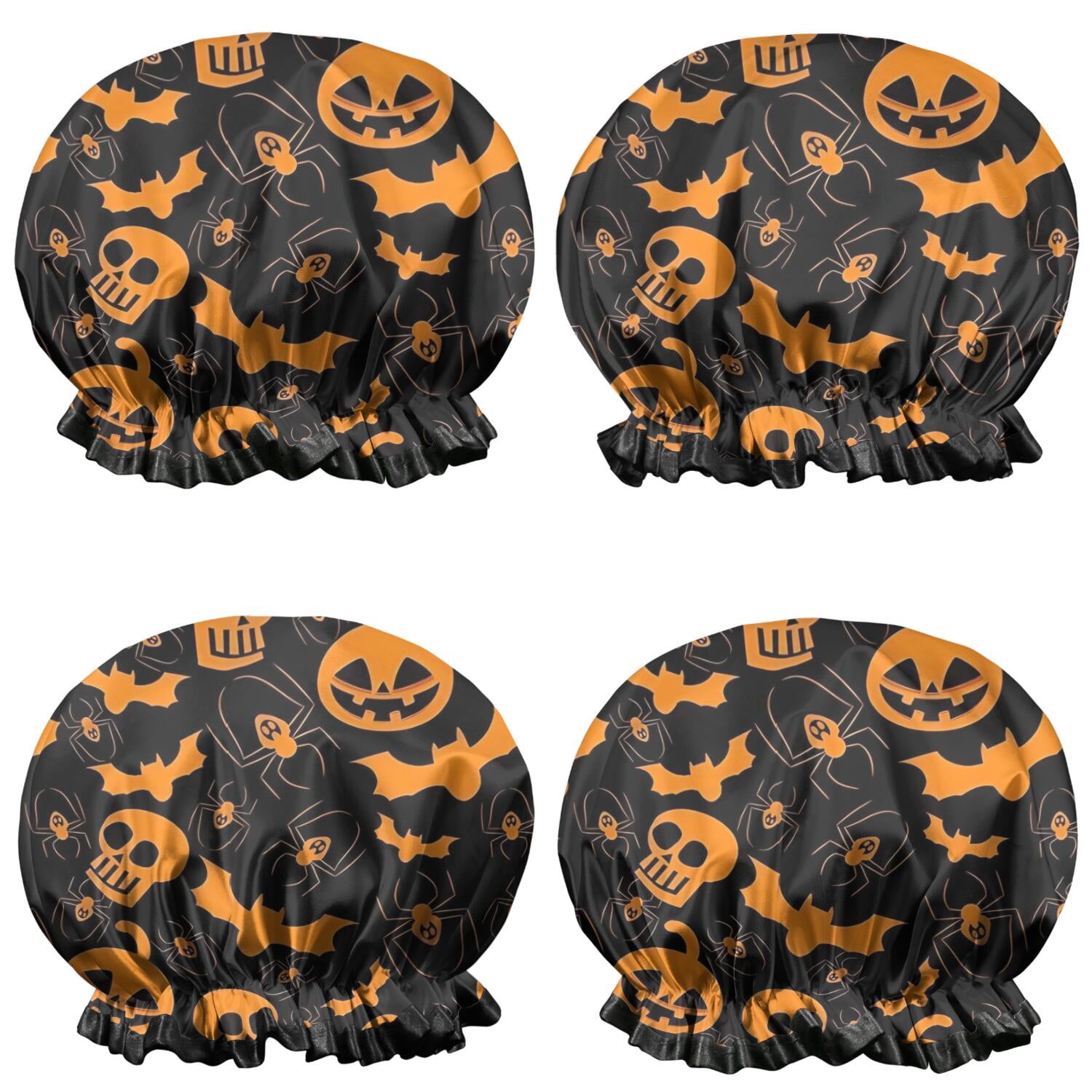 Shower Caps,Halloween Pumpkins Bats Spiders and Skulls Waterproof Shower Cap for Women 4 Pieces,Double Reusable Hair Cover for Shower PEVA Elastic Stretch Hem