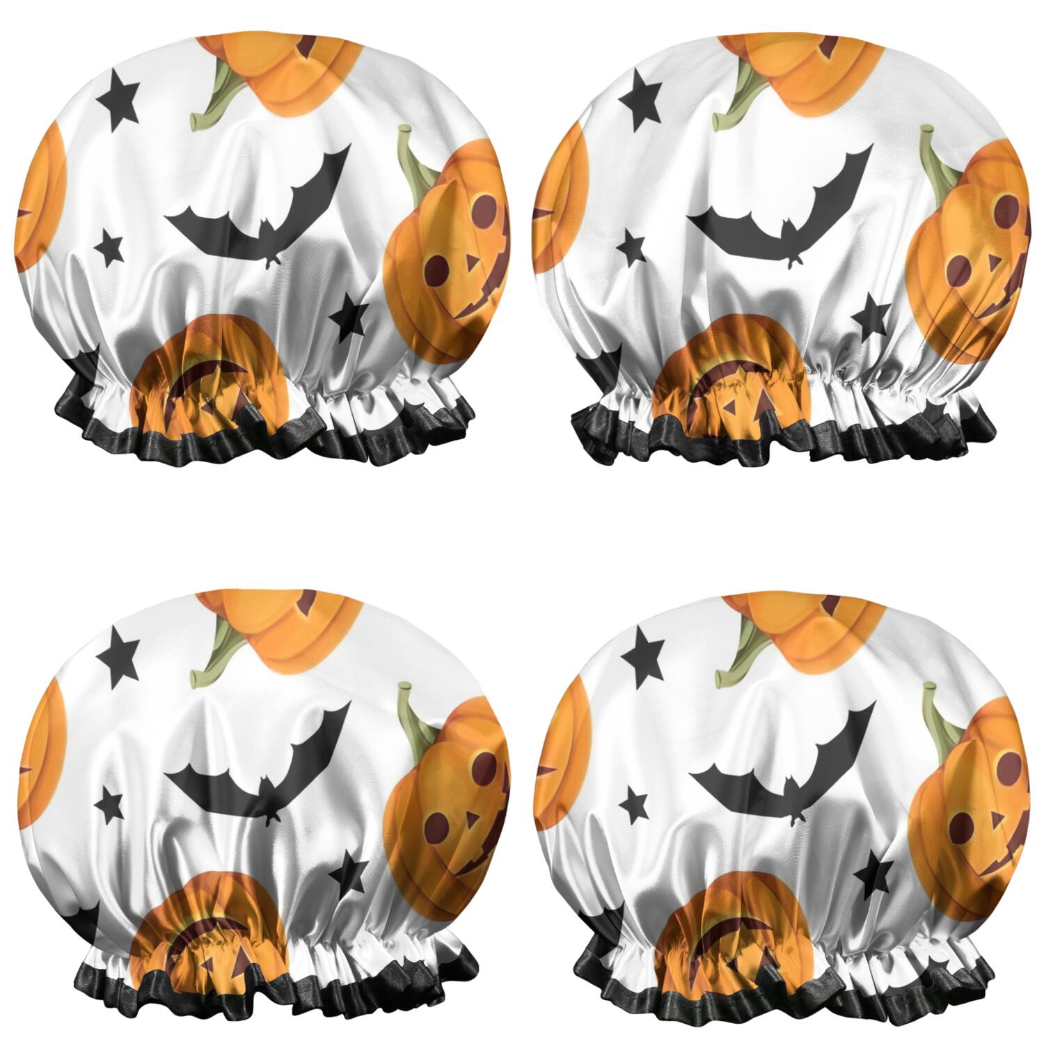 Shower Caps,Halloween Pumpkins Bats and Stars Waterproof Shower Cap for Women 4 Pieces,Double Reusable Hair Cover for Shower PEVA Elastic Stretch Hem