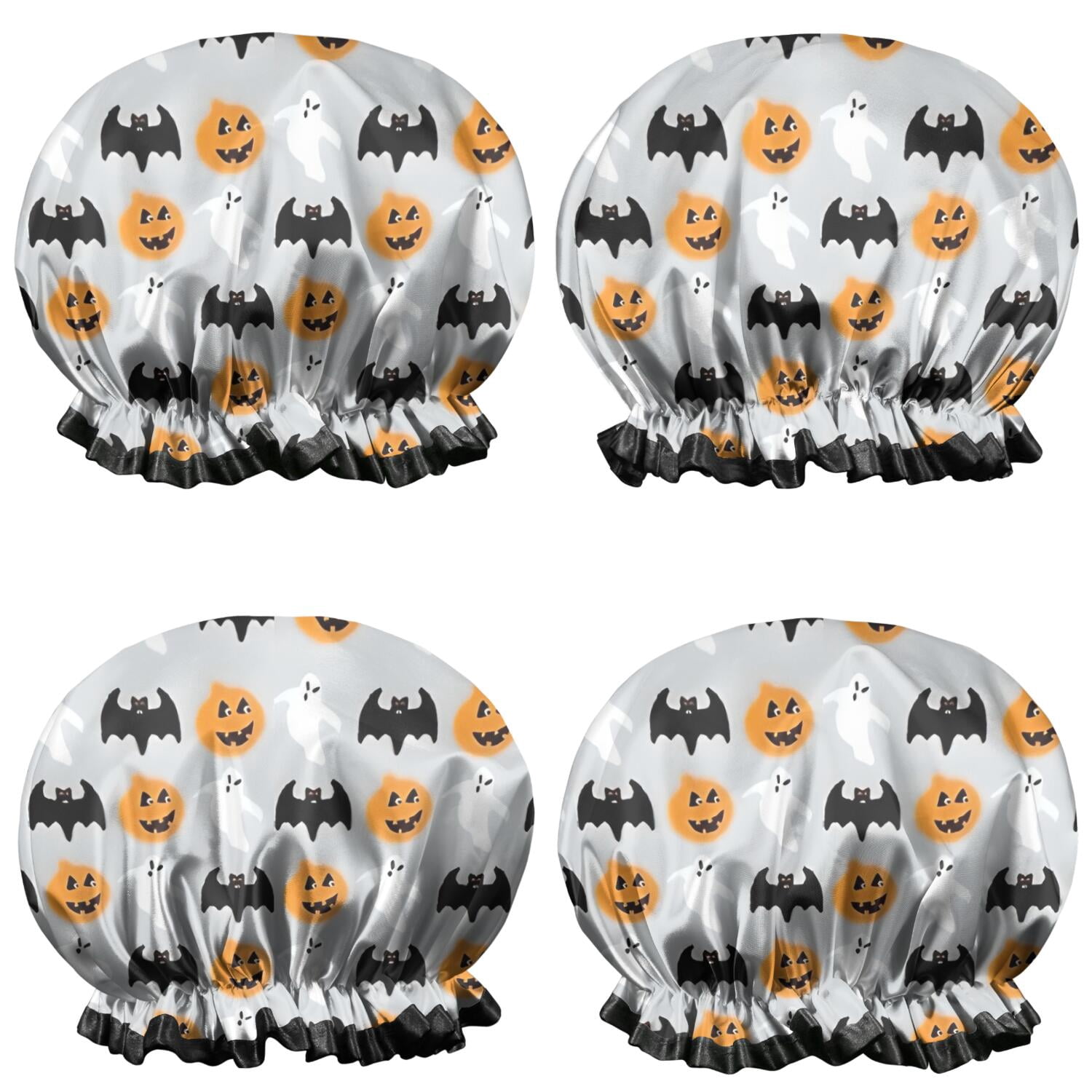 Shower Caps,Halloween Pumpkins Ghosts and Bats Waterproof Shower Cap for Women 4 Pieces,Double Reusable Hair Cover for Shower PEVA Elastic Stretch Hem