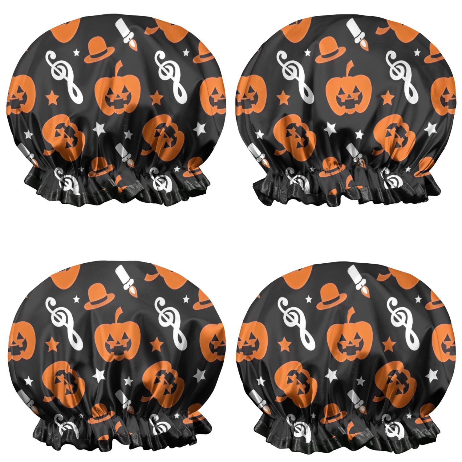 Shower Caps,Halloween Pumpkins with Music Notes Waterproof Shower Cap for Women 4 Pieces,Double Reusable Hair Cover for Shower PEVA Elastic Stretch Hem