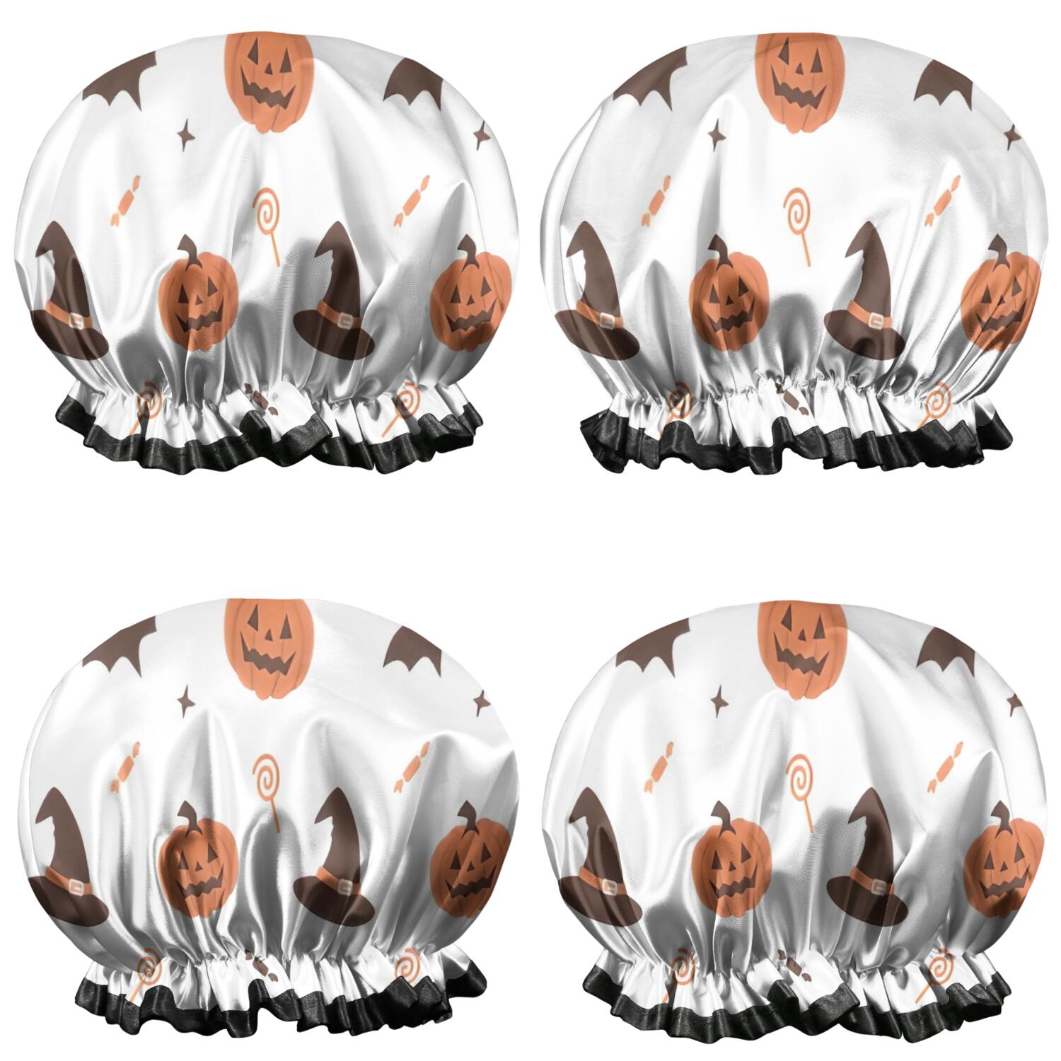 Shower Caps,Halloween Pumpkins Witch Hats and Bats Waterproof Shower Cap for Women 4 Pieces,Double Reusable Hair Cover for Shower PEVA Elastic Stretch Hem