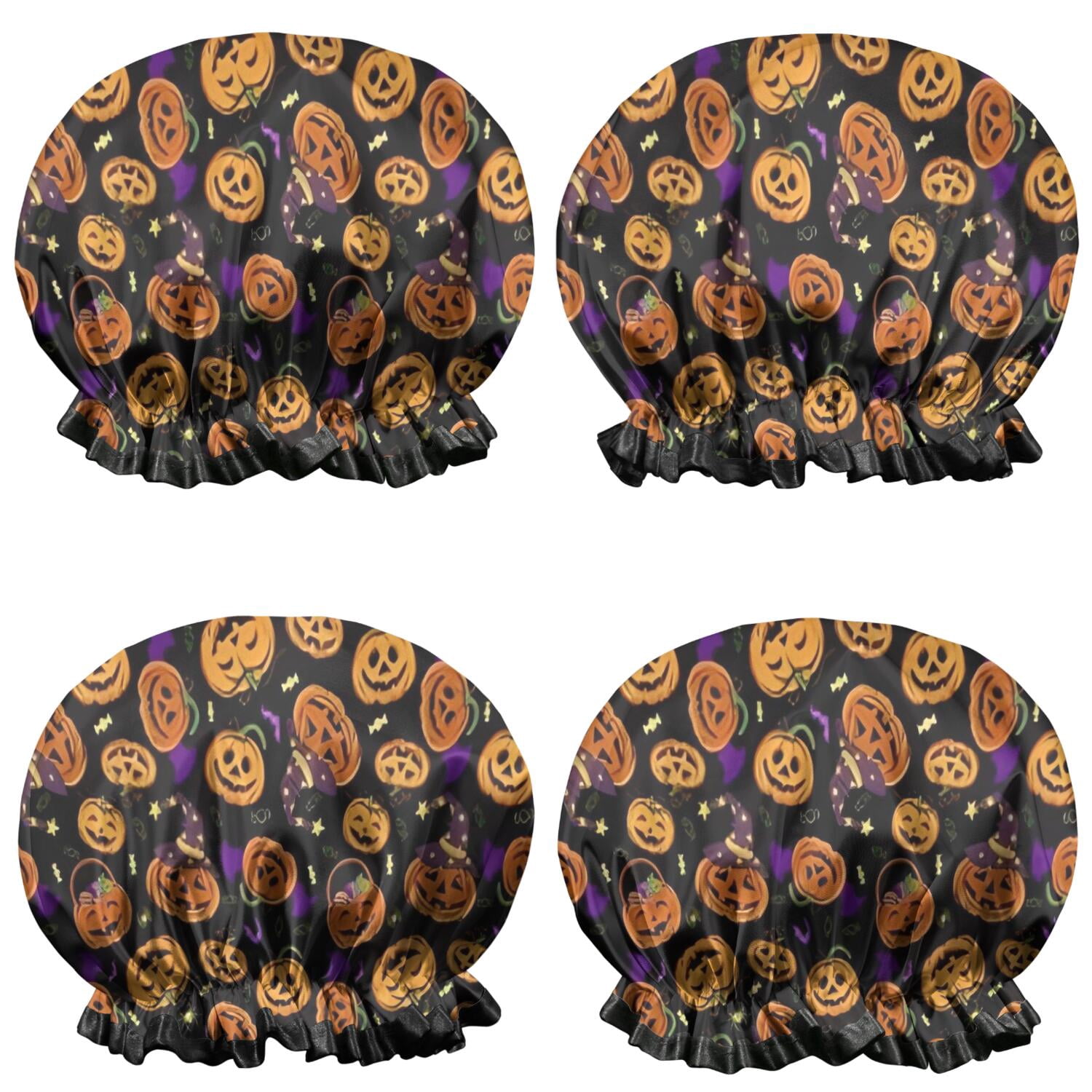 Shower Caps,Halloween Pumpkins with Witch Hats Waterproof Shower Cap for Women 4 Pieces,Double Reusable Hair Cover for Shower PEVA Elastic Stretch Hem