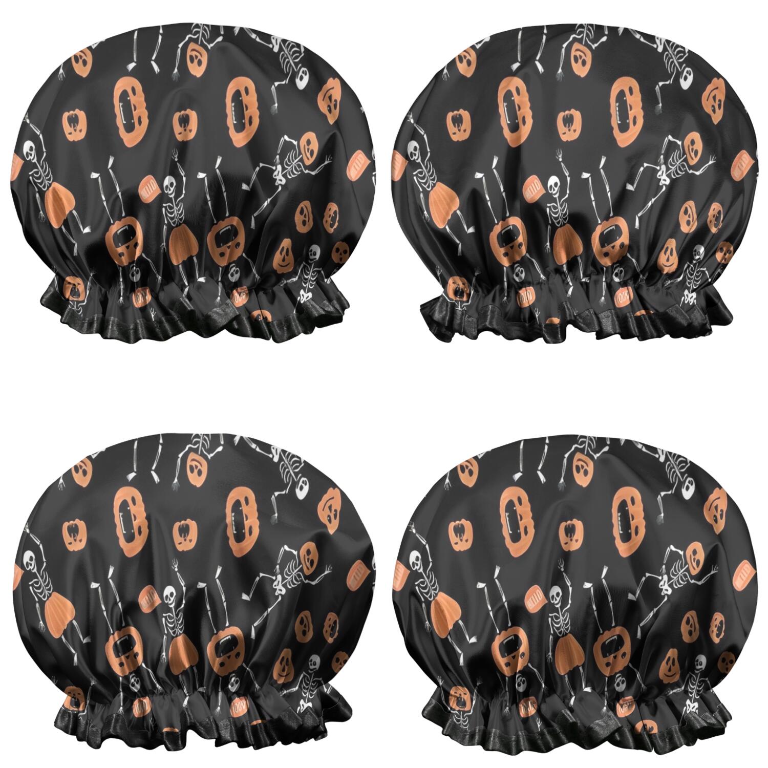 Shower Caps,Halloween Skeletons and Pumpkins Waterproof Shower Cap for Women 4 Pieces,Double Reusable Hair Cover for Shower PEVA Elastic Stretch Hem