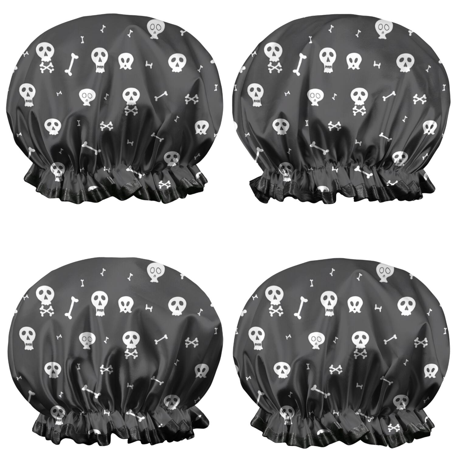 Shower Caps,Halloween Skull and Bone Pattern Waterproof Shower Cap for Women 4 Pieces,Double Reusable Hair Cover for Shower PEVA Elastic Stretch Hem