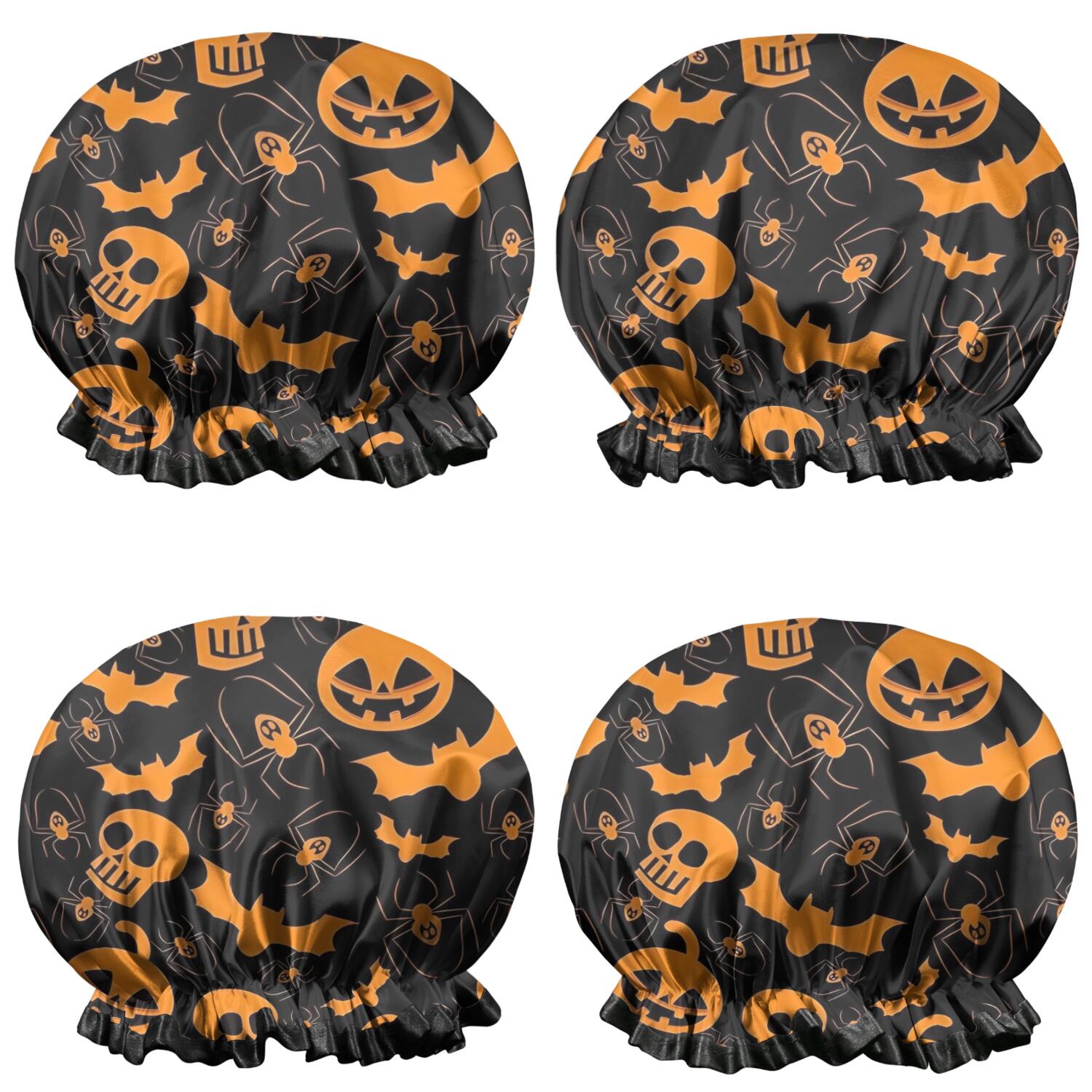 Shower Caps,Halloween Spider Bat Pattern Waterproof Shower Cap for Women 4 Pieces,Double Reusable Hair Cover for Shower PEVA Elastic Stretch Hem