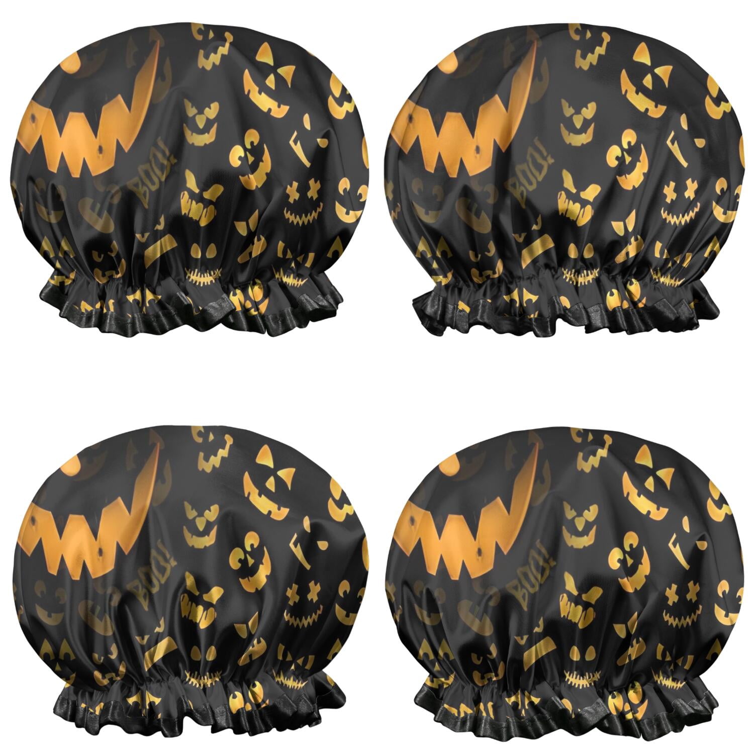 Shower Caps,Halloween Spooky Jack O Lanterns Waterproof Shower Cap for Women 4 Pieces,Double Reusable Hair Cover for Shower PEVA Elastic Stretch Hem