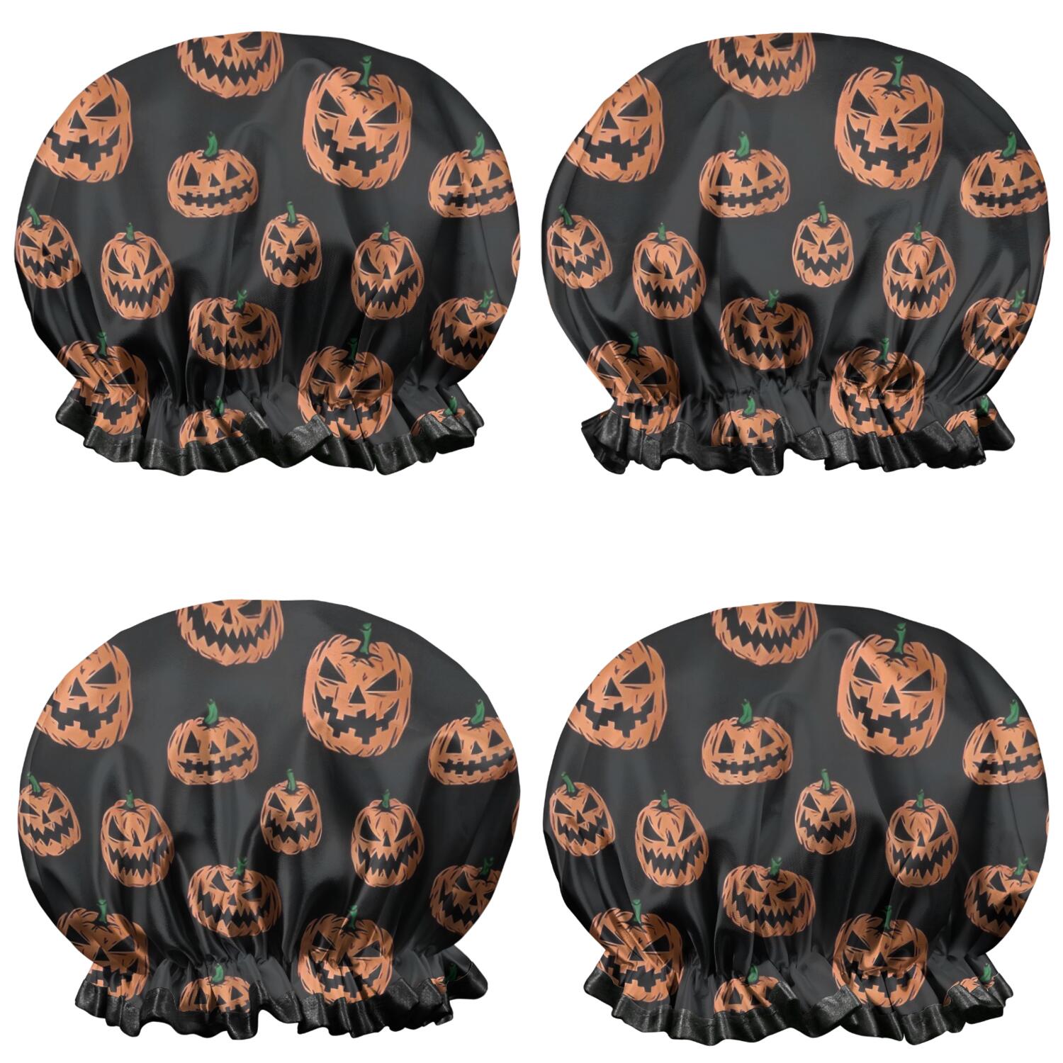 Shower Caps,Halloween Spooky Pumpkins Pattern Waterproof Shower Cap for Women 4 Pieces,Double Reusable Hair Cover for Shower PEVA Elastic Stretch Hem