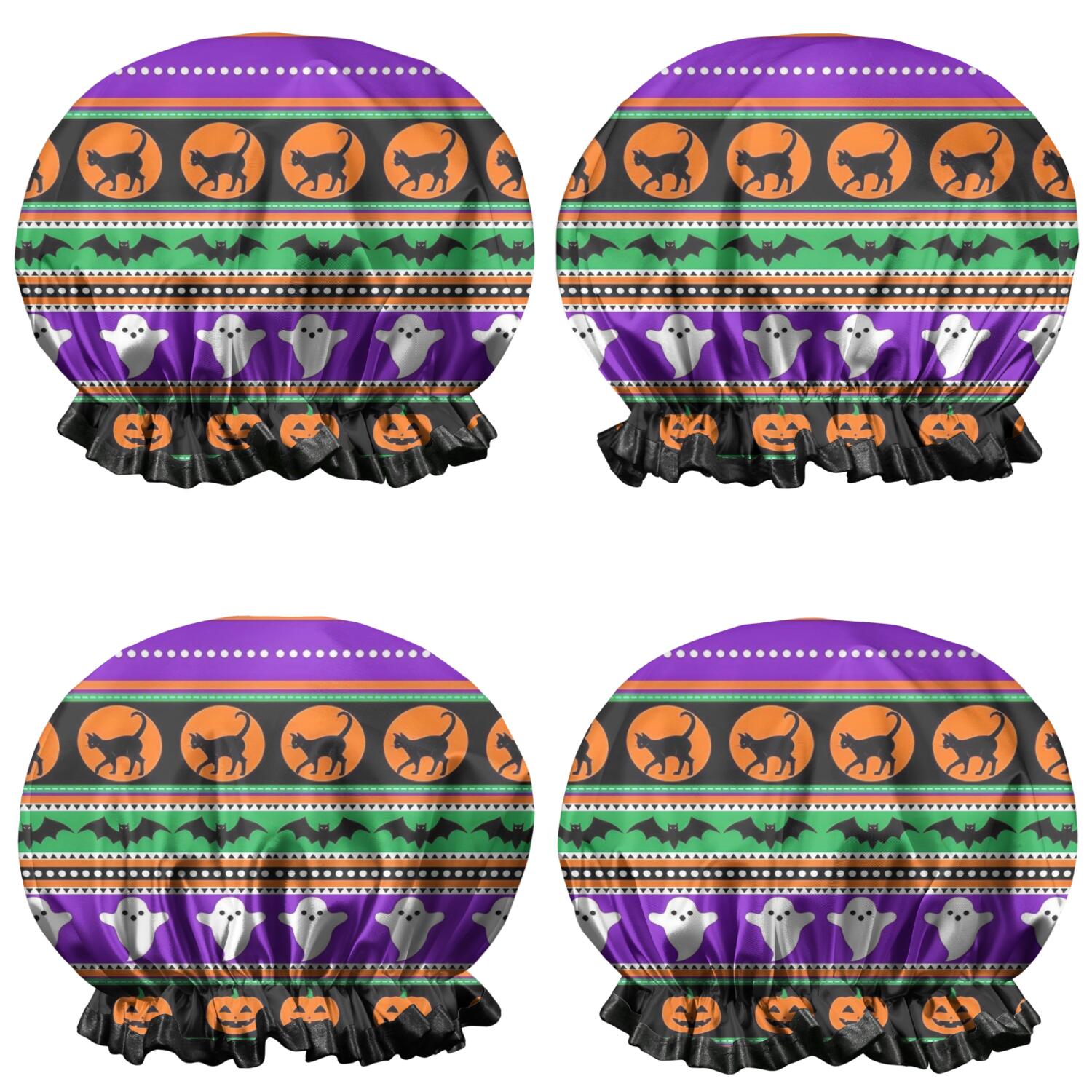 Shower Caps,Halloween Striped Icons Pattern Waterproof Shower Cap for Women 4 Pieces,Double Reusable Hair Cover for Shower PEVA Elastic Stretch Hem
