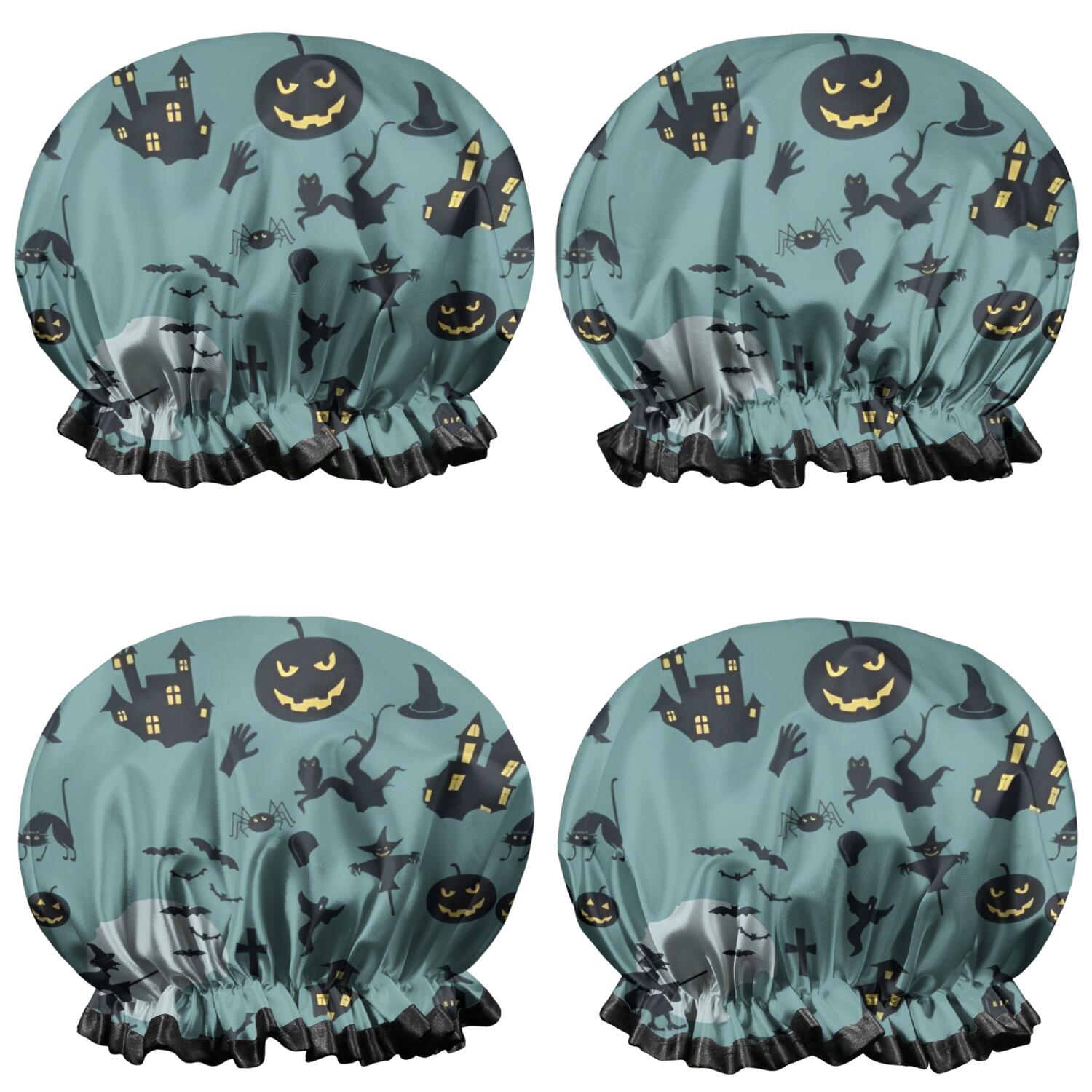 Shower Caps,Halloween Witchy Motifs Pattern Waterproof Shower Cap for Women 4 Pieces,Double Reusable Hair Cover for Shower PEVA Elastic Stretch Hem