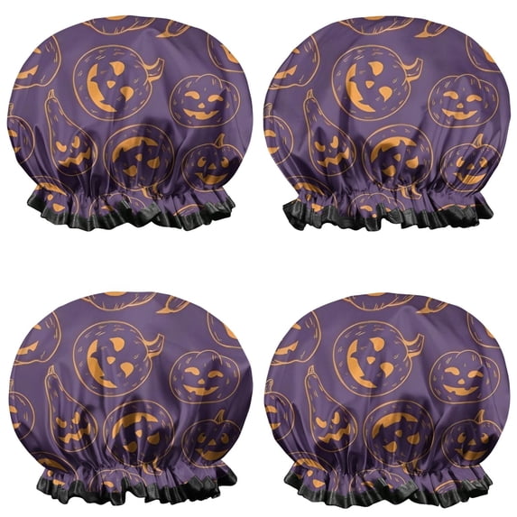 Shower Caps,Hand Drawn Halloween Pumpkin Pattern Waterproof Shower Cap for Women 4 Pieces,Double Reusable Hair Cover for Shower PEVA Elastic Stretch Hem