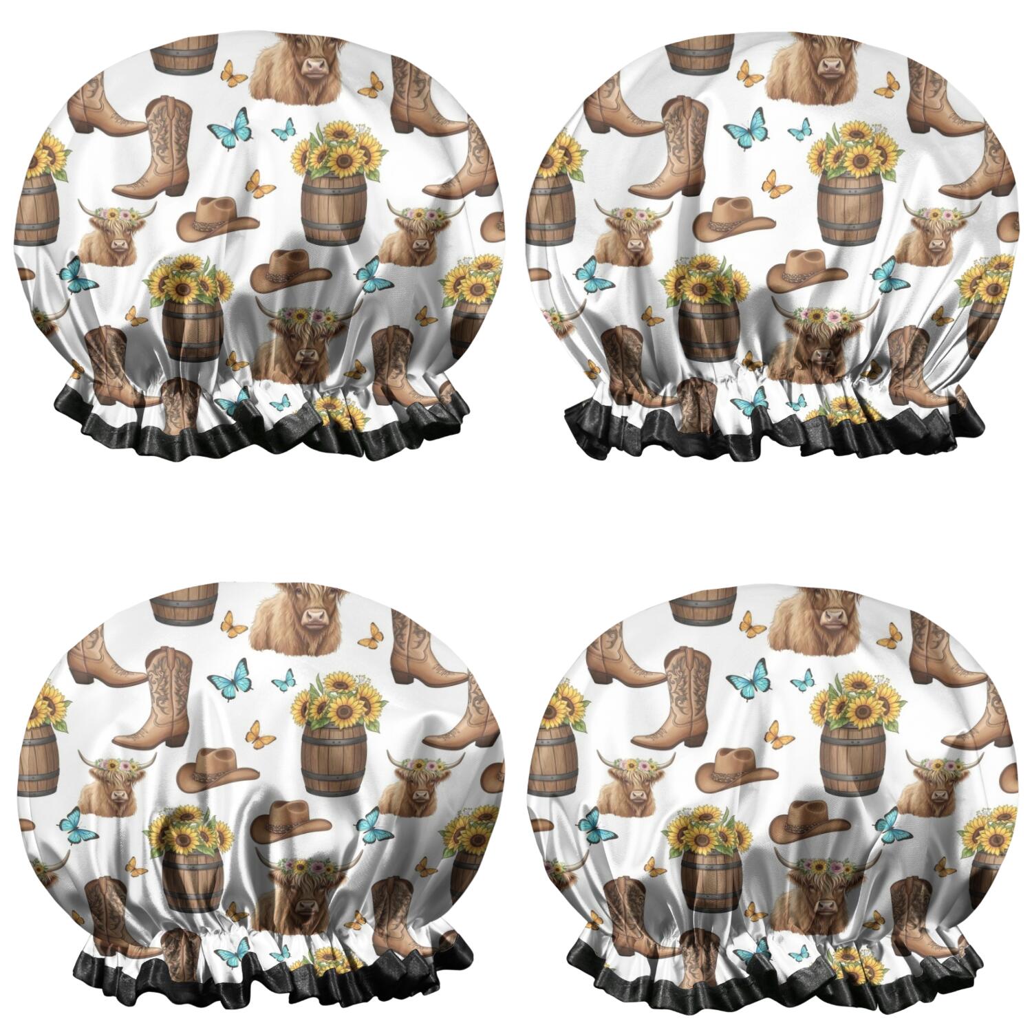 Shower Caps,Highland Cow Barrel Boot Butterfly Pattern Waterproof Shower Cap for Women 4 Pieces,Double Reusable Hair Cover for Shower PEVA Elastic Stretch Hem