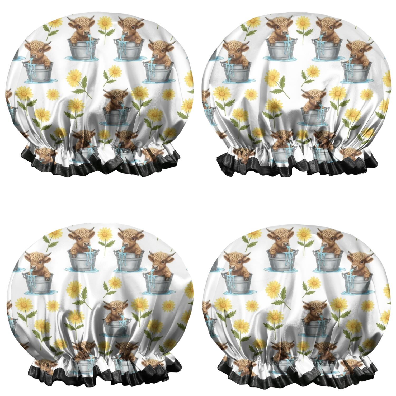 Shower Caps,Highland Cow Bucket Flower Pattern Waterproof Shower Cap for Women 4 Pieces,Double Reusable Hair Cover for Shower PEVA Elastic Stretch Hem