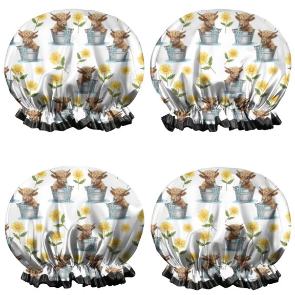 Shower Caps,Highland Cow Bucket Flower Pattern Waterproof Shower Cap for Women 4 Pieces,Double Reusable Hair Cover for Shower PEVA Elastic Stretch Hem