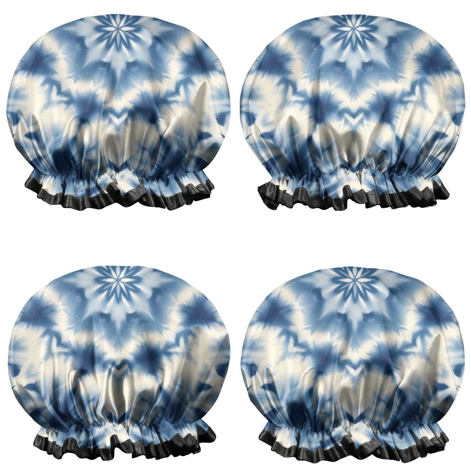 Shower Caps,Indigo Tie Dye Star Waterproof Shower Cap for Women 4 Pieces,Double Reusable Hair Cover for Shower PEVA Elastic Stretch Hem