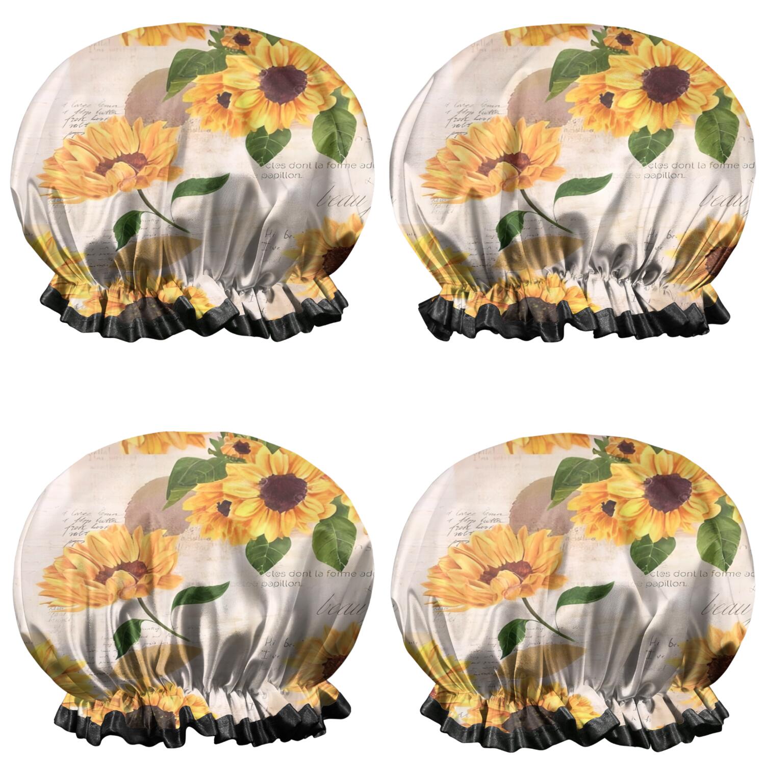 Shower Caps,Leaf Newspaper Text Sunflower Pattern Waterproof Shower Cap for Women 4 Pieces,Double Reusable Hair Cover for Shower PEVA Elastic Stretch Hem