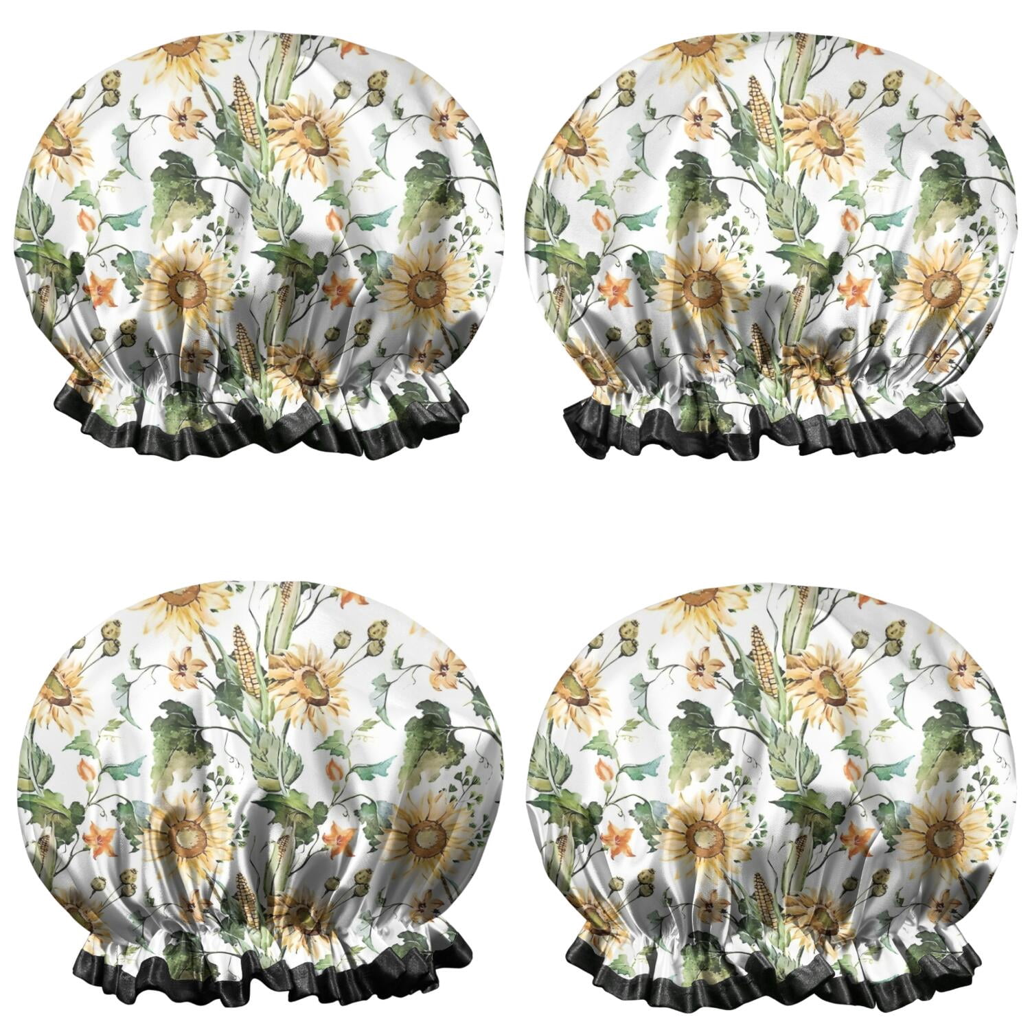 Shower Caps,Leaf Orange Flower Corn Sunflower Pattern Waterproof Shower Cap for Women 4 Pieces,Double Reusable Hair Cover for Shower PEVA Elastic Stretch Hem