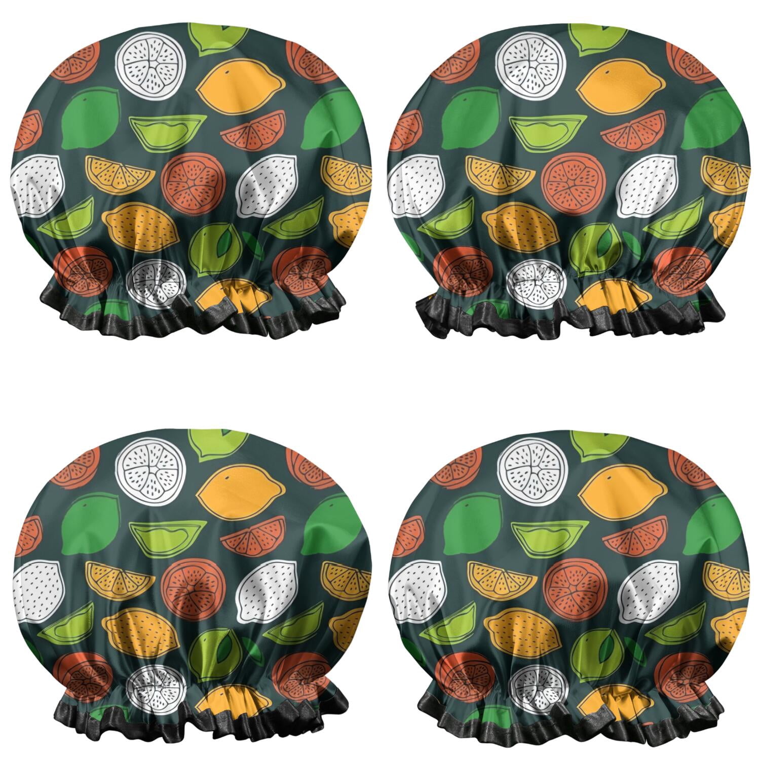 Shower Caps,Lemon Mixed Citrus Fruits DarkGreen Pattern Waterproof Shower Cap for Women 4 Pieces,Double Reusable Hair Cover for Shower PEVA Elastic Stretch Hem