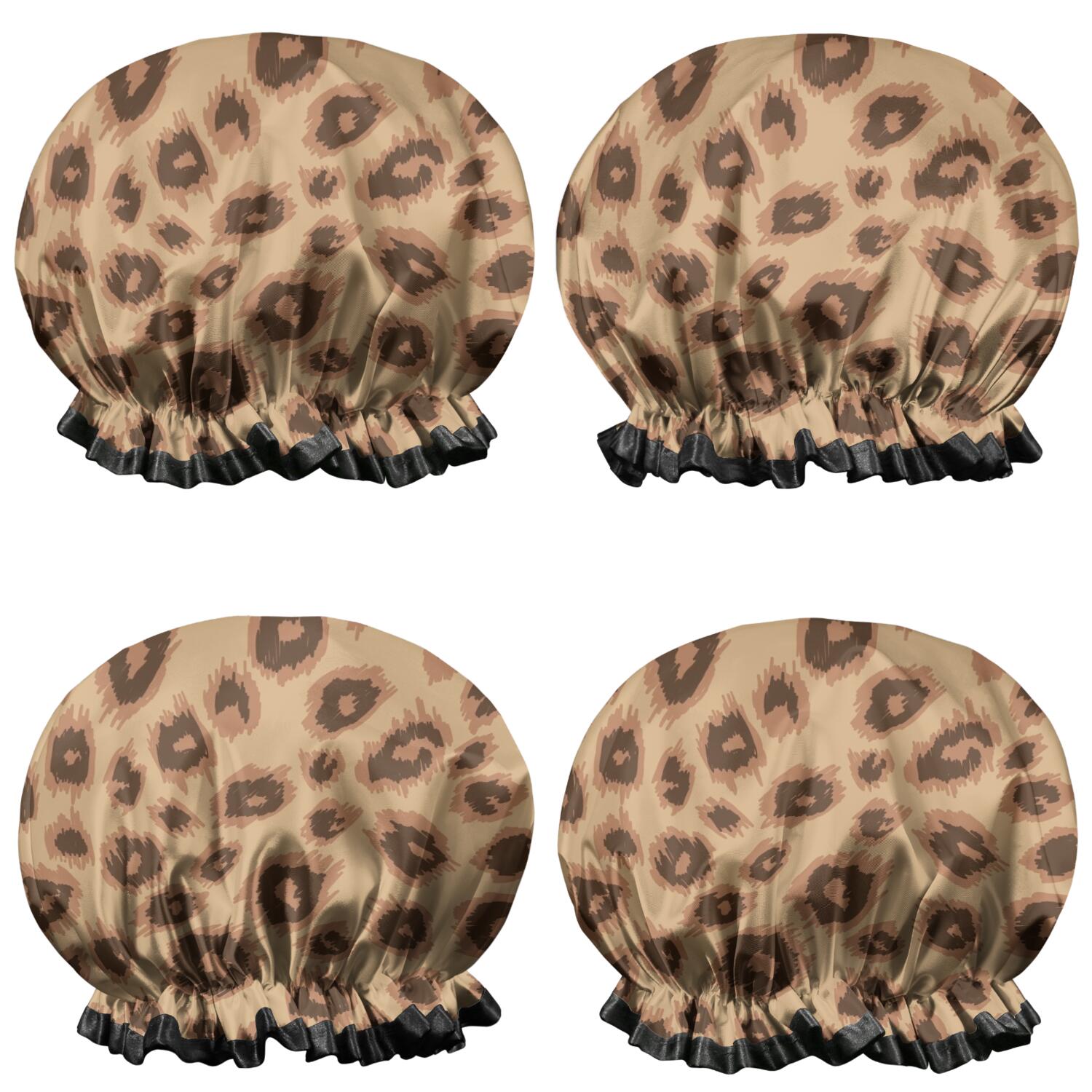 Shower Caps,Leopard Pattern Waterproof Shower Cap for Women 4 Pieces,Double Reusable Hair Cover for Shower PEVA Elastic Stretch Hem