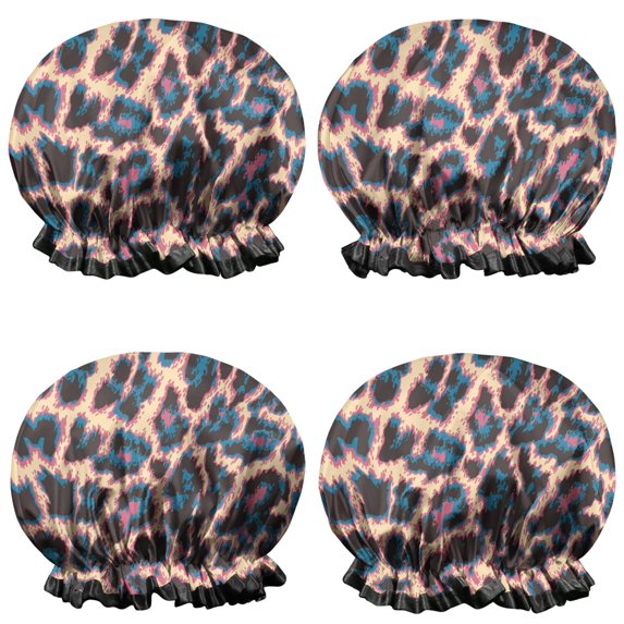 Shower Caps,Leopard Print Pattern Waterproof Shower Cap for Women 4 Pieces,Double Reusable Hair Cover for Shower PEVA Elastic Stretch Hem