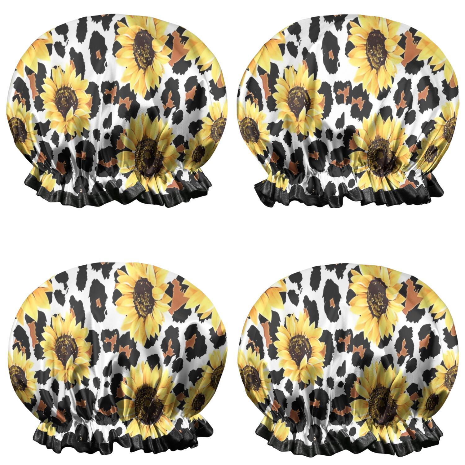 Shower Caps,Leopard Sunflower Pattern Waterproof Shower Cap for Women 4 Pieces,Double Reusable Hair Cover for Shower PEVA Elastic Stretch Hem