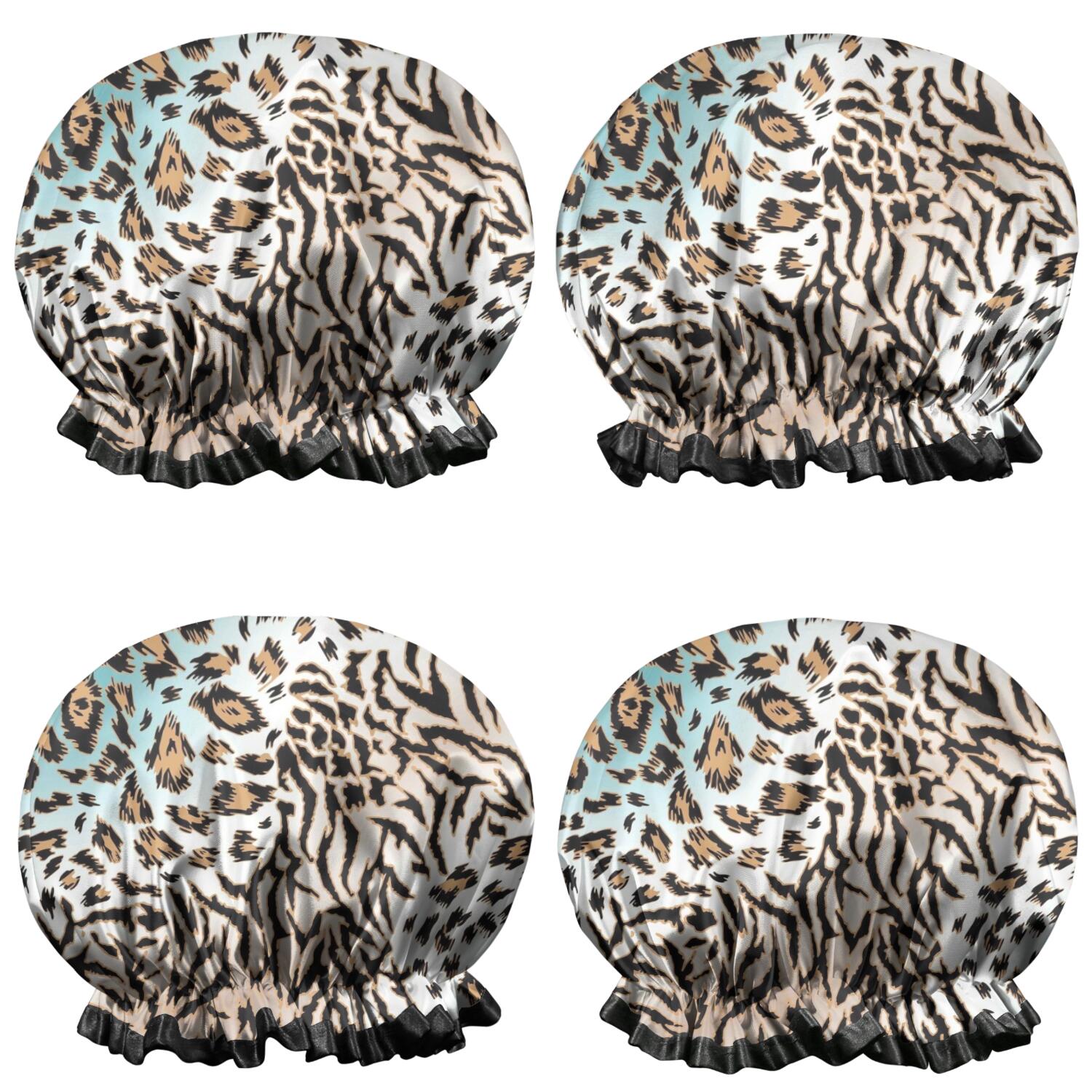 Shower Caps,Leopard and Tiger Pattern Waterproof Shower Cap for Women 4 Pieces,Double Reusable Hair Cover for Shower PEVA Elastic Stretch Hem