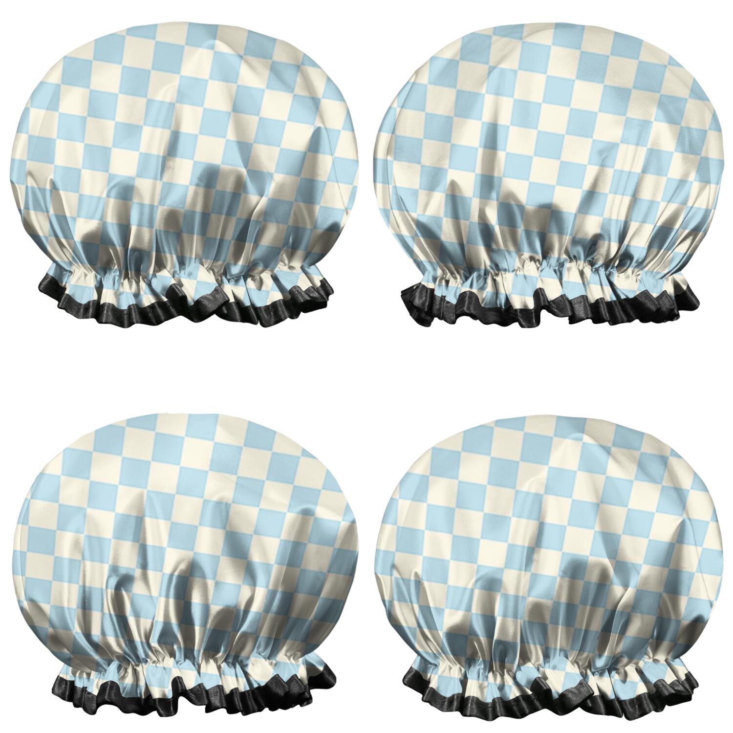 Shower Caps,Light Blue and Cream Checkered Pattern Waterproof Shower Cap for Women 4 Pieces,Double Reusable Hair Cover for Shower PEVA Elastic Stretch Hem