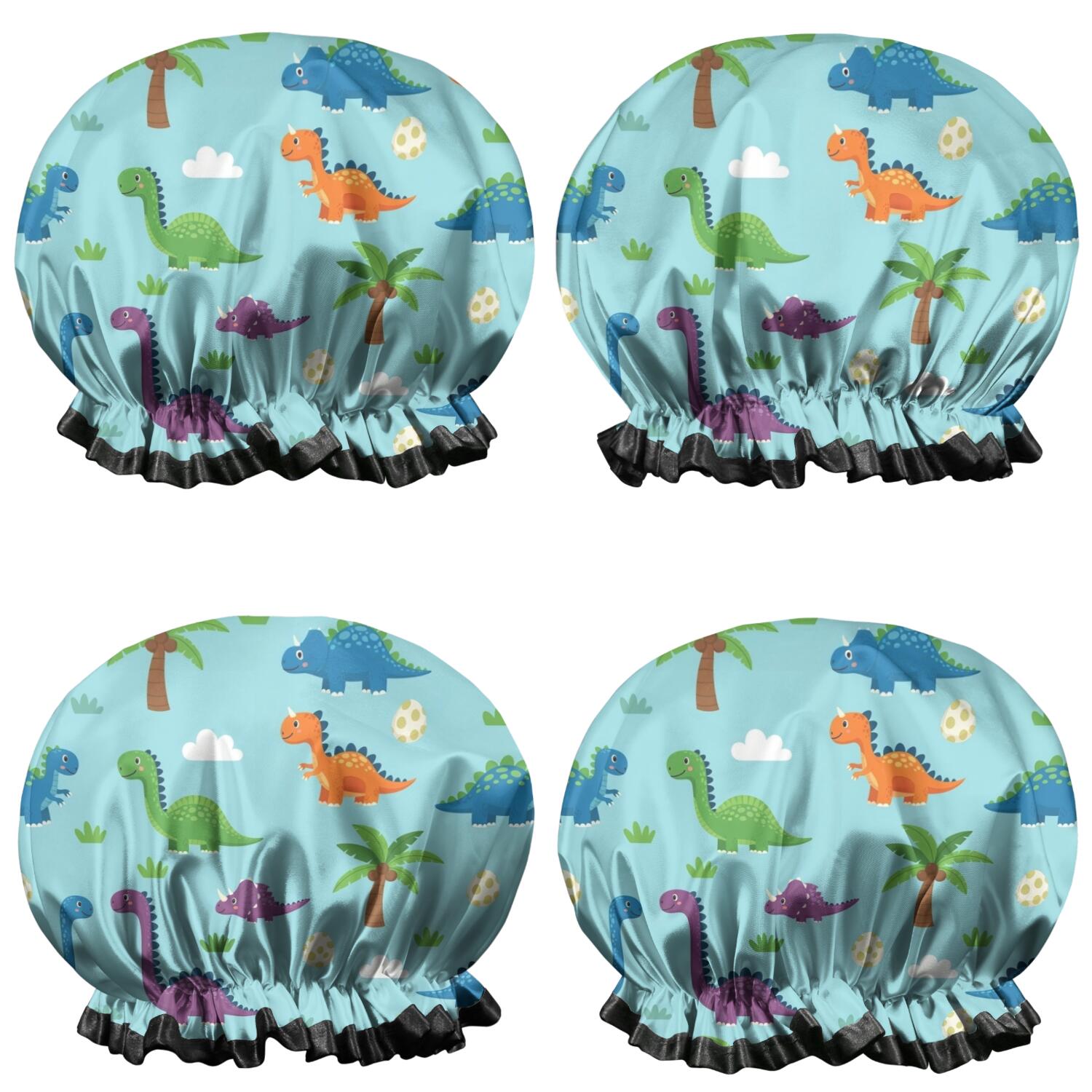 Shower Caps,Light Blue Dinosaurs Palms Eggs Pattern Waterproof Shower Cap for Women 4 Pieces,Double Reusable Hair Cover for Shower PEVA Elastic Stretch Hem
