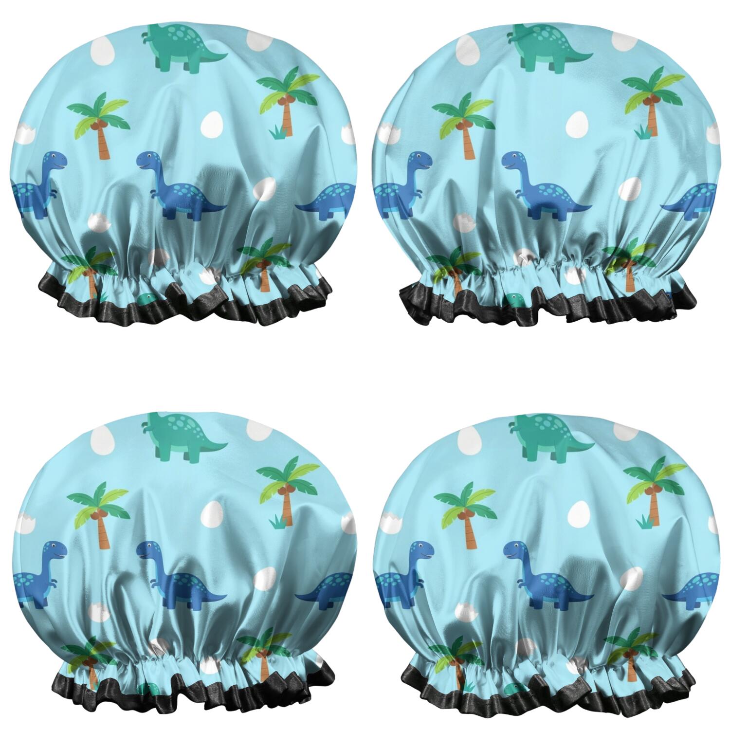 Shower Caps,Light Blue Dinosaurs Palms Eggs Pattern Waterproof Shower Cap for Women 4 Pieces,Double Reusable Hair Cover for Shower PEVA Elastic Stretch Hem
