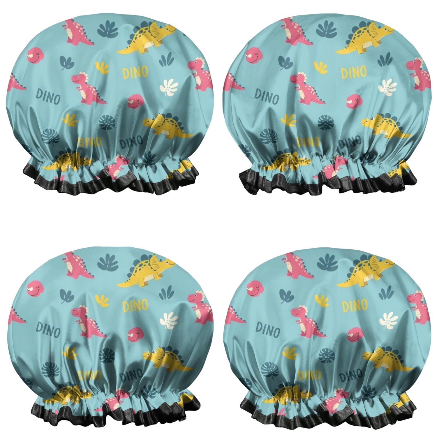 Shower Caps,Light Blue Dinosaurs Text Pattern Waterproof Shower Cap for Women 4 Pieces,Double Reusable Hair Cover for Shower PEVA Elastic Stretch Hem