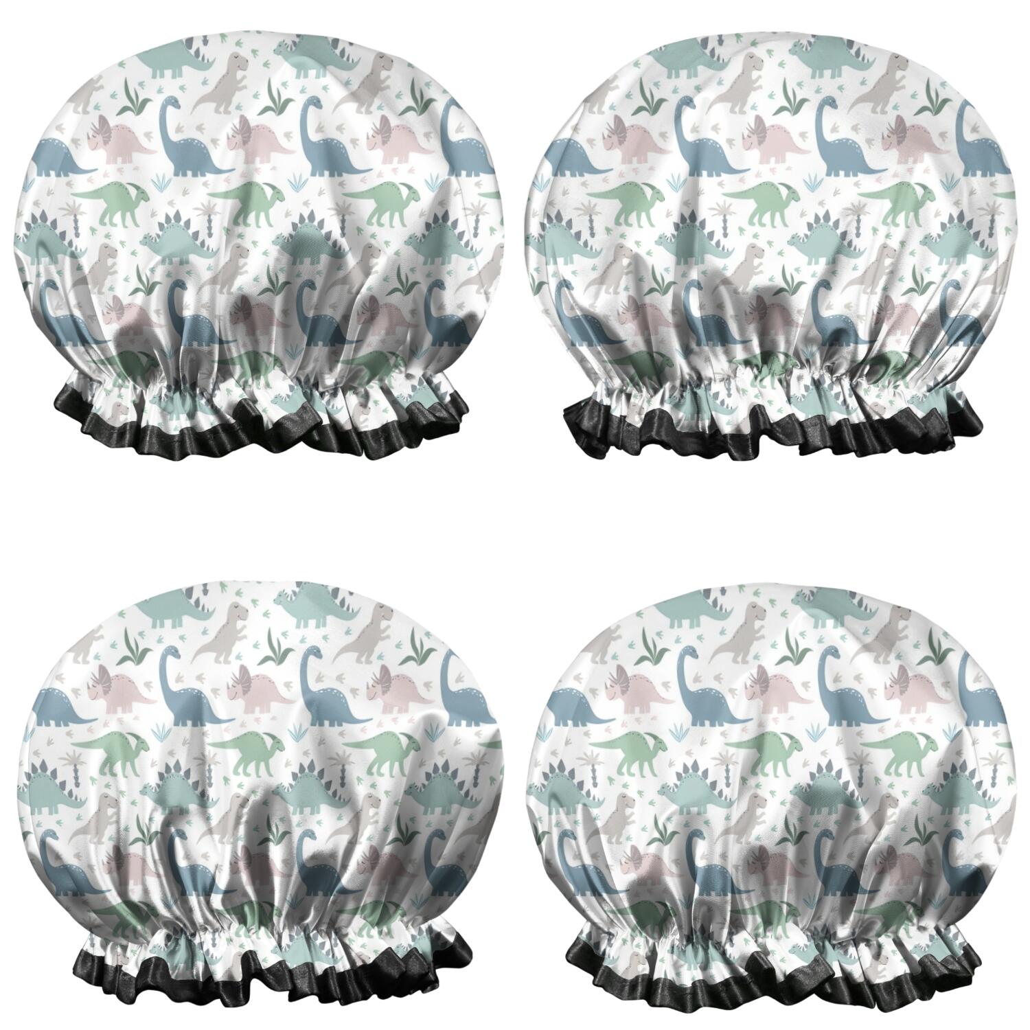 Shower Caps,Light Dinosaurs Pastel Pattern Waterproof Shower Cap for Women 4 Pieces,Double Reusable Hair Cover for Shower PEVA Elastic Stretch Hem